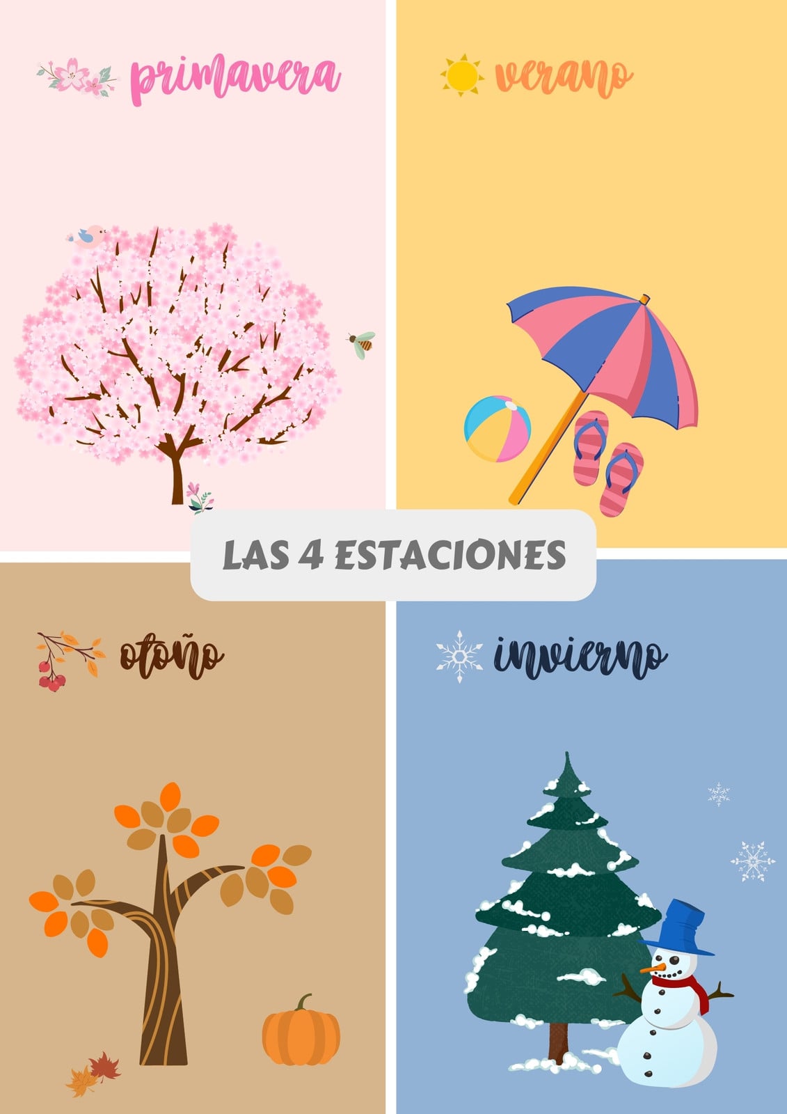 Poster Escolar Estaciones del Año Ilustrado Azul
