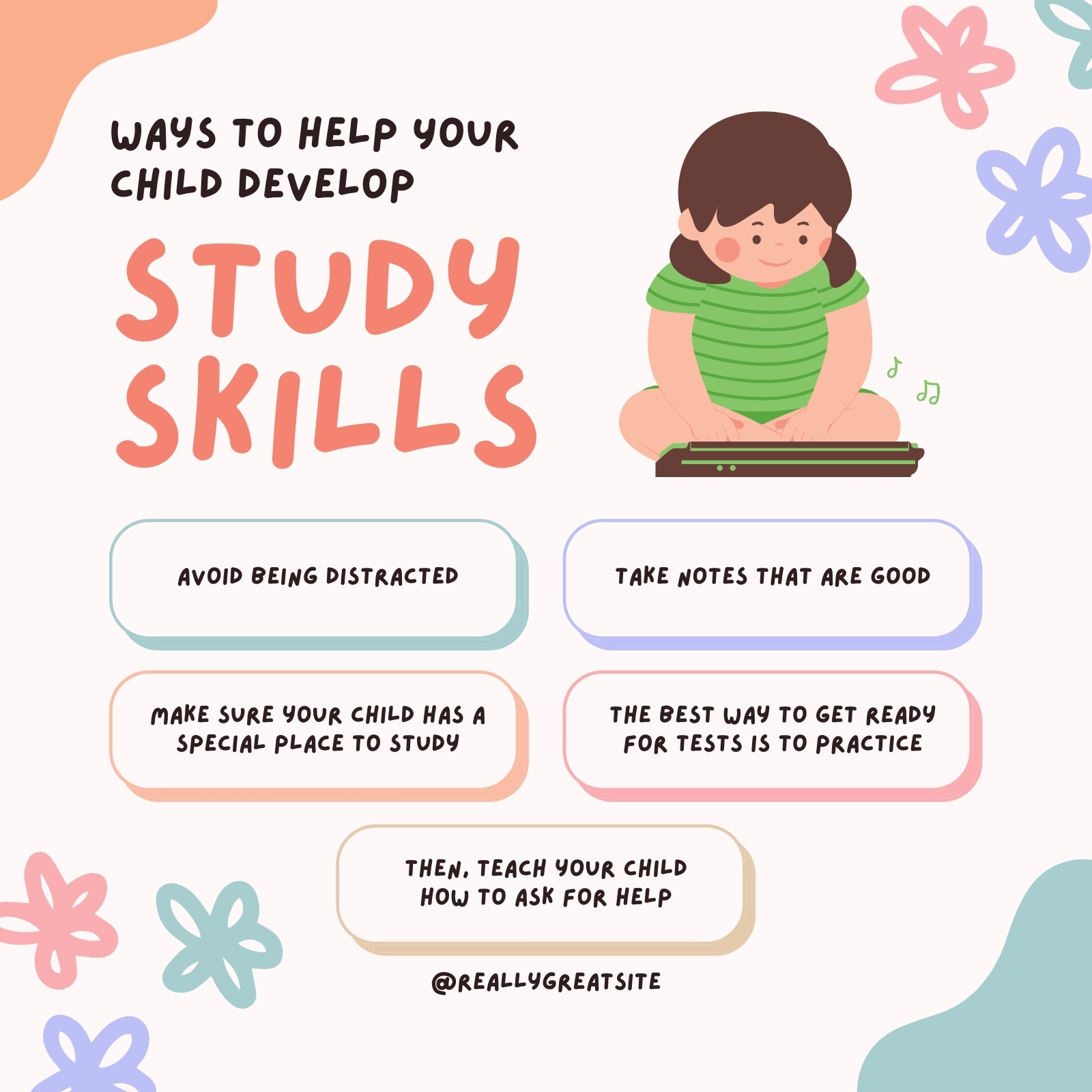 Colorful Ways To Help Your Child Develop Study Skills List - Instagram Post