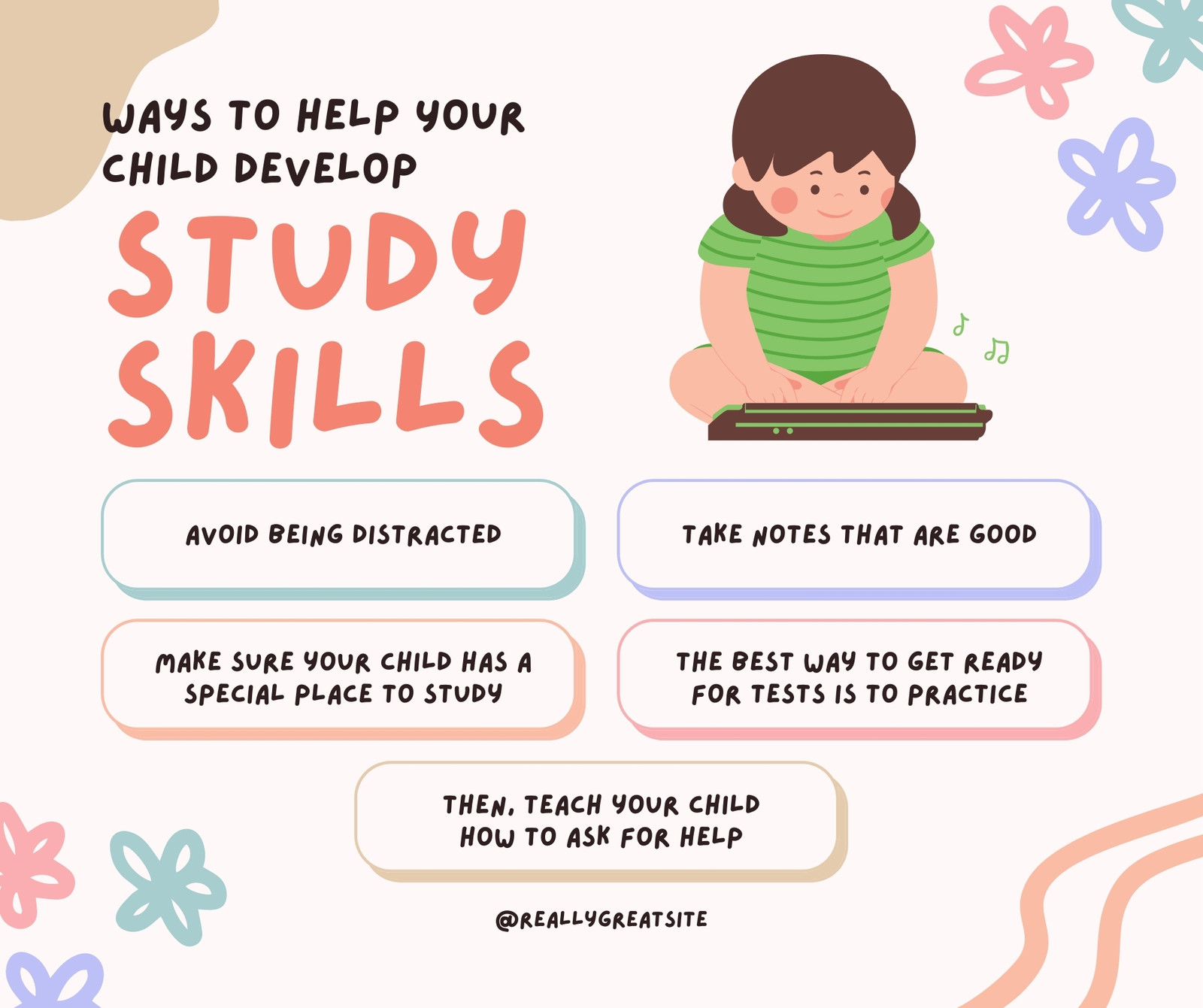 Colorful Ways To Help Your Child Develop Study Skills List - Facebook Post