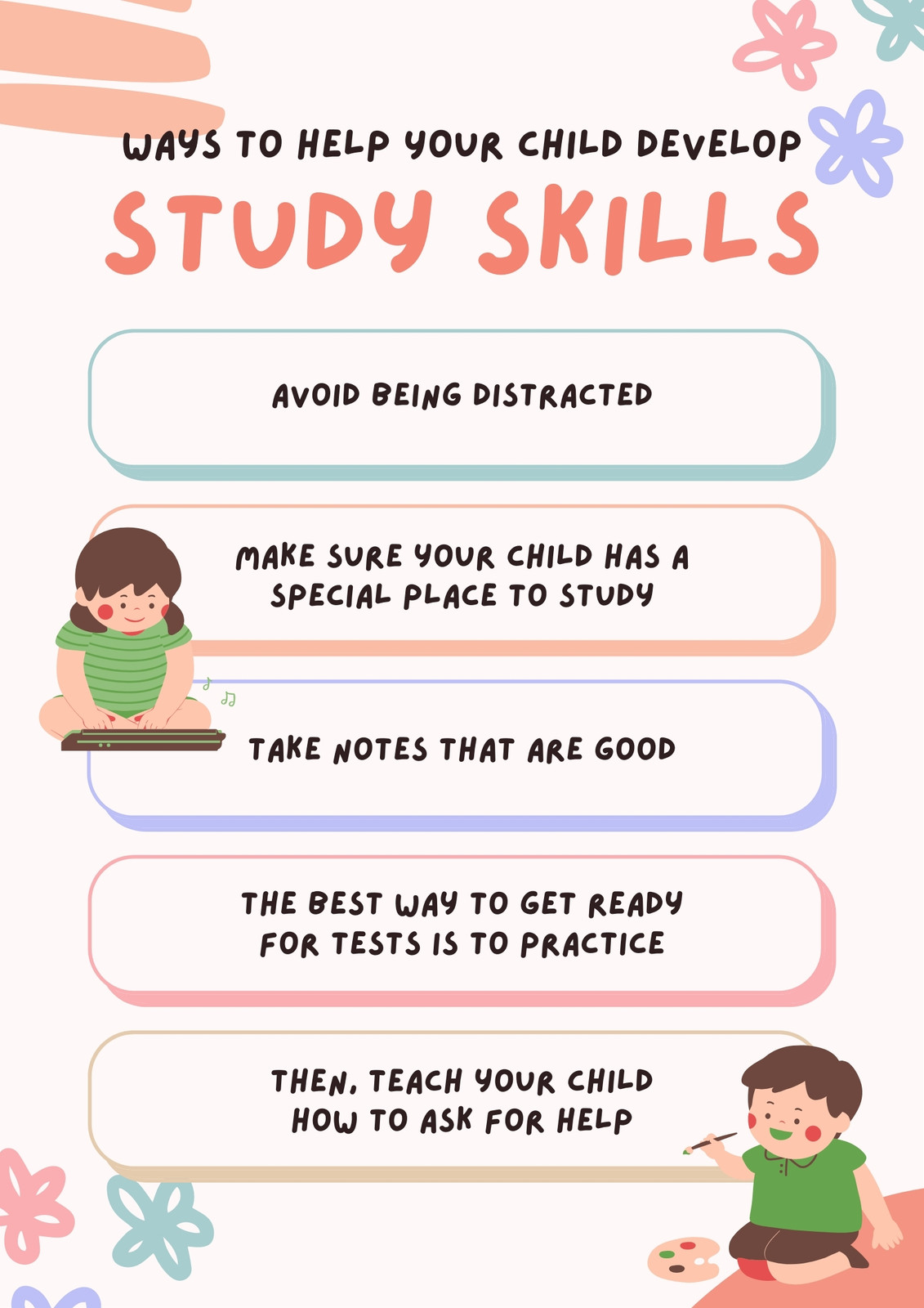 White Colorful Ways To Help Your Child Develop Study Skills List - Poster