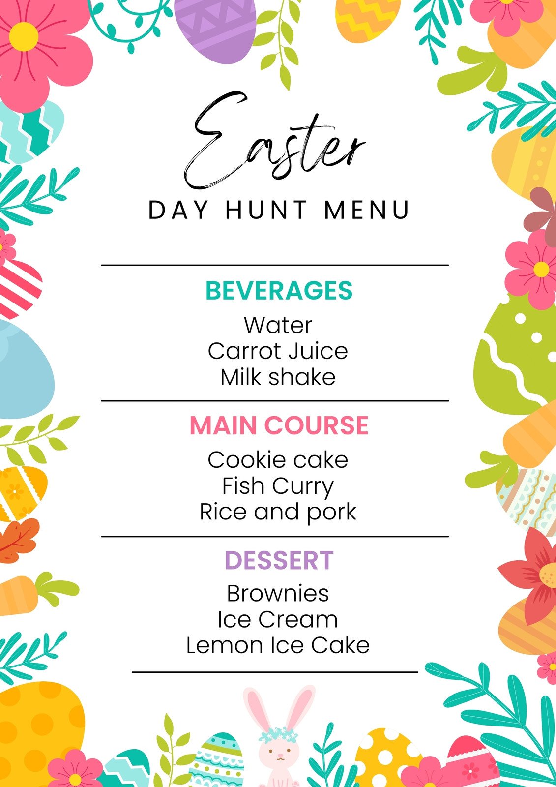 Colorful Cute Happy Easter Day Hunt Menu