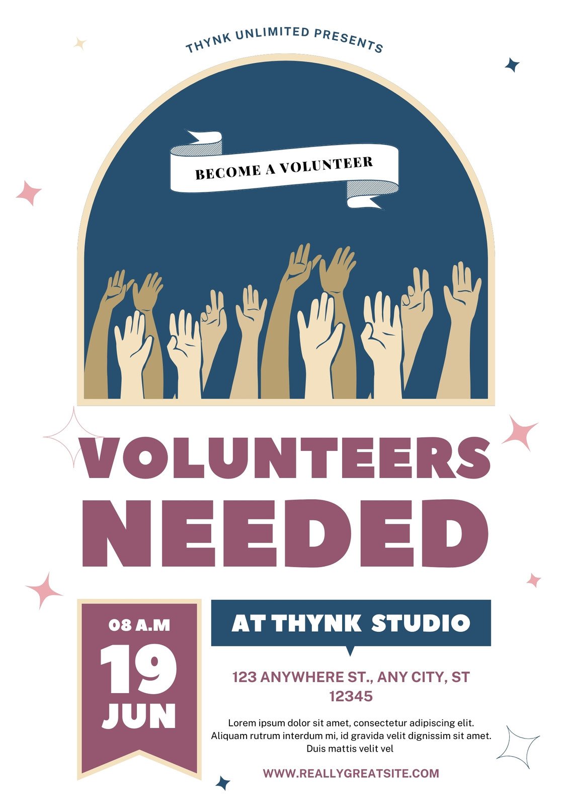 White Purple Retro Illustrative Volunteers Needed Flyer