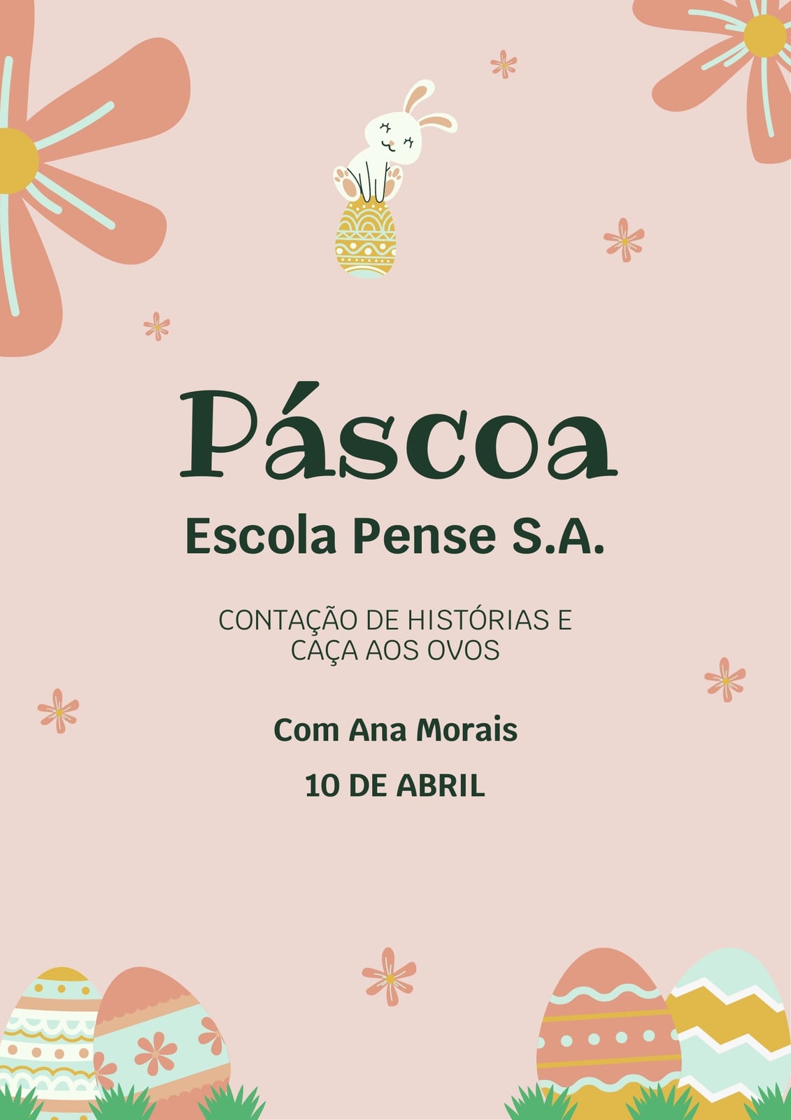 Cartaz impressão evento infantil contação de histórias caça aos ovos páscoa