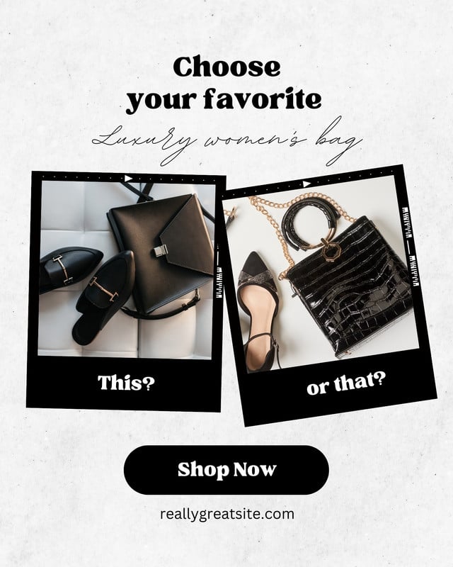 Modern This or That Interactive Fashion Shop Instagram Post Canva template, white and black