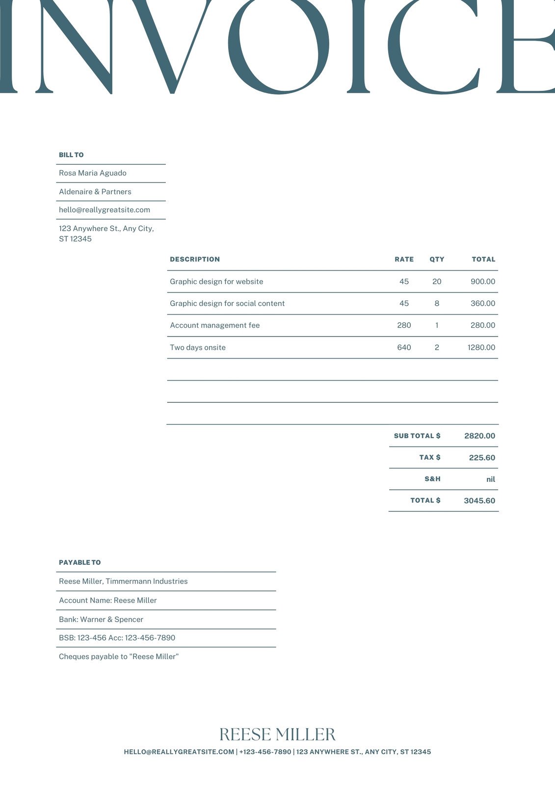 Teal Minimalist Modern Freelance Invoice
