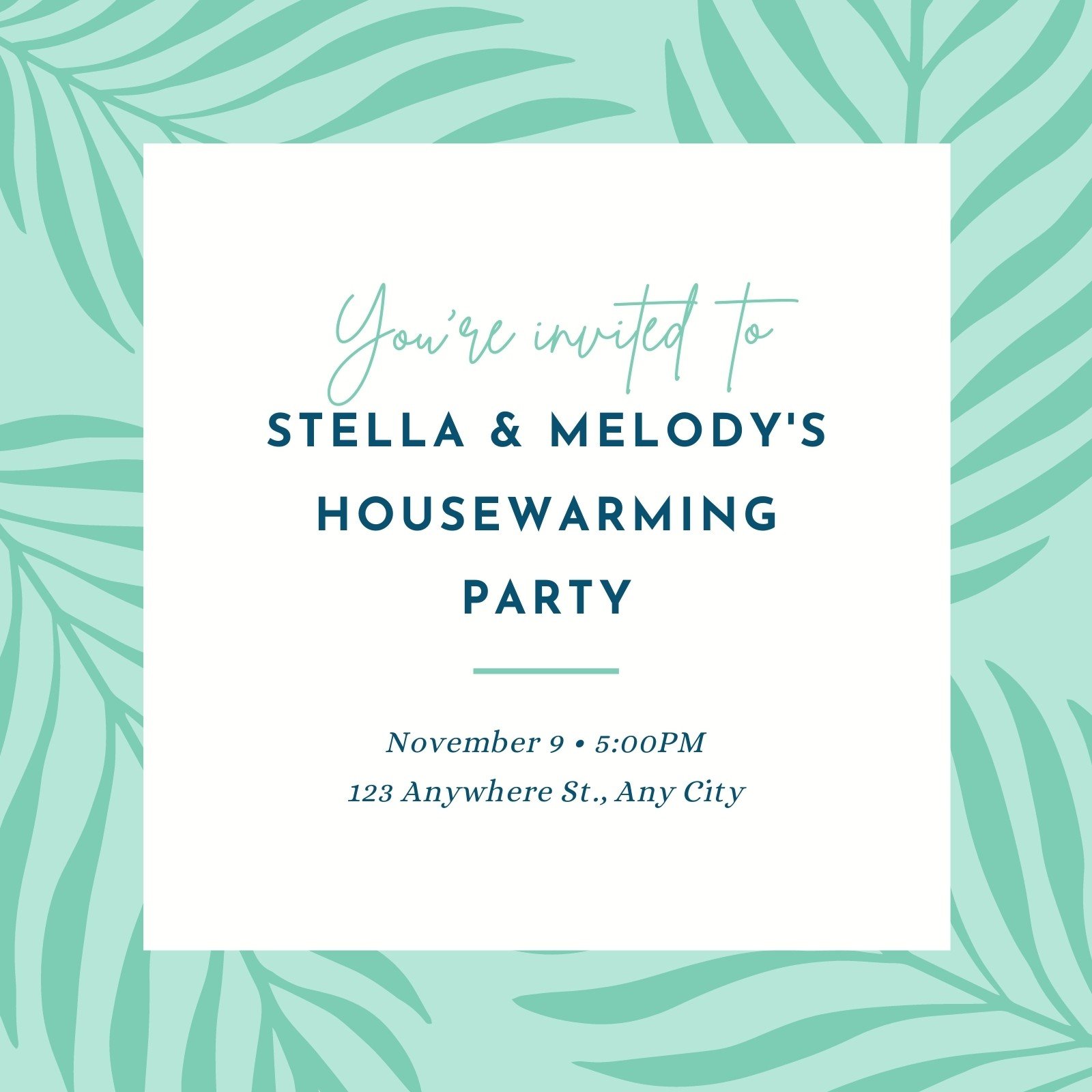 Green Leaves Illustration Housewarming Party Invitation 