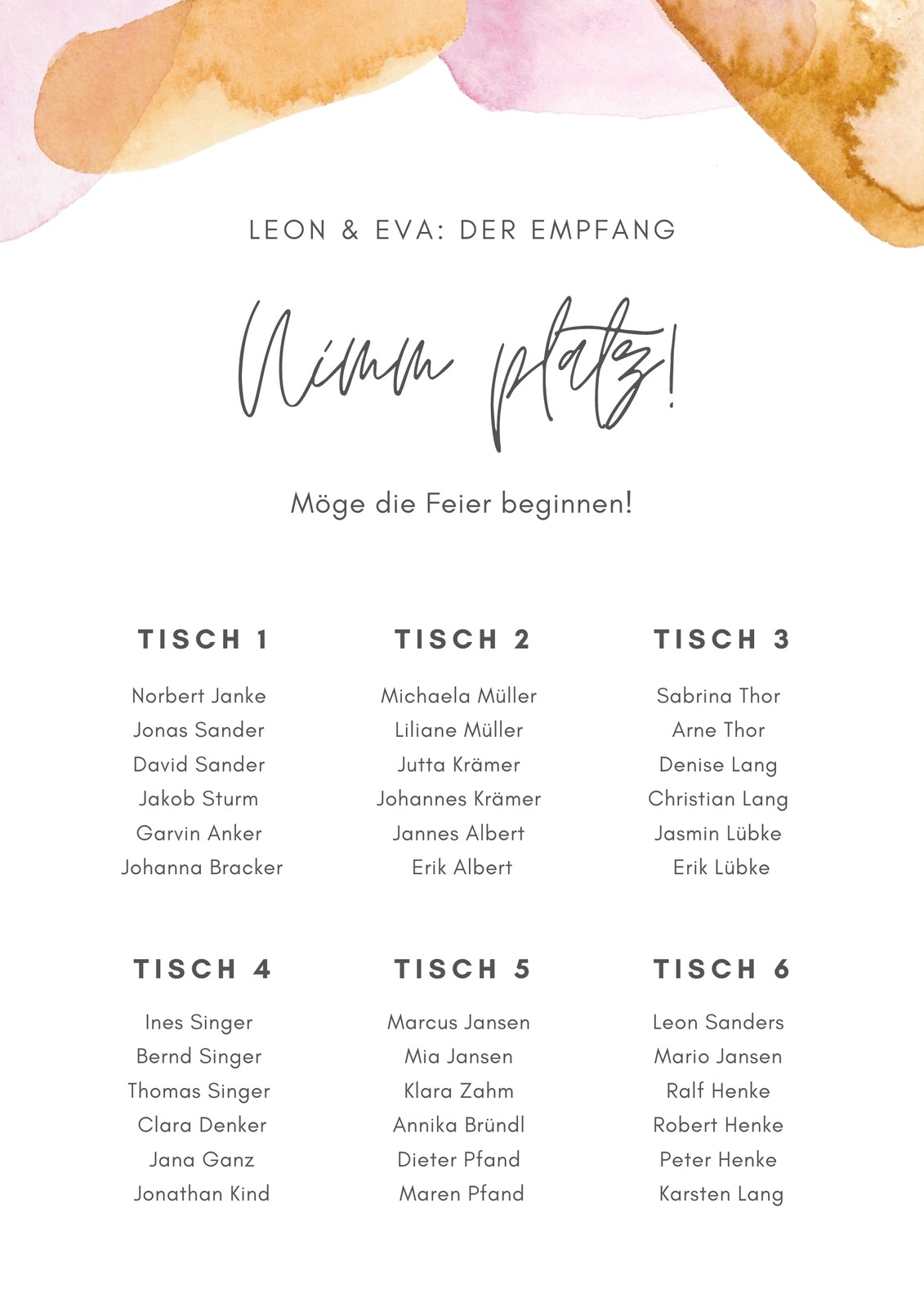 Rosa und Gelb Handschrift Wasserfarbe Pinsel Hochzeit Sitzplan Rosa und Gelb Handschrift Wasserfarbe Pinsel Hochzeit Sitzplan