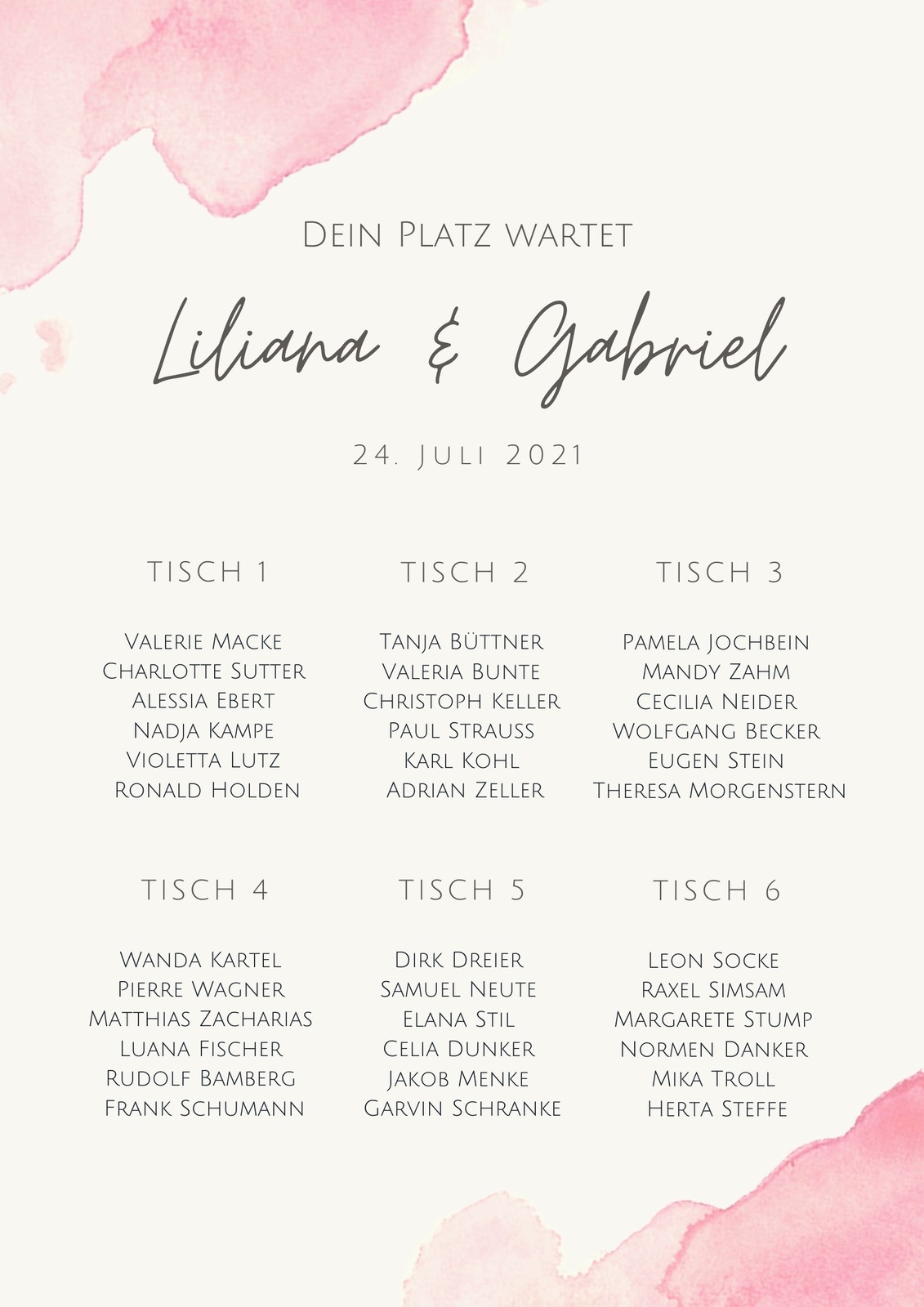 Rosa und Cremefarben Wasserfarbe Fließend Script Hochzeit Sitzplan Rosa und Cremefarben Wasserfarbe Fließend Script Hochzeit Sitzplan