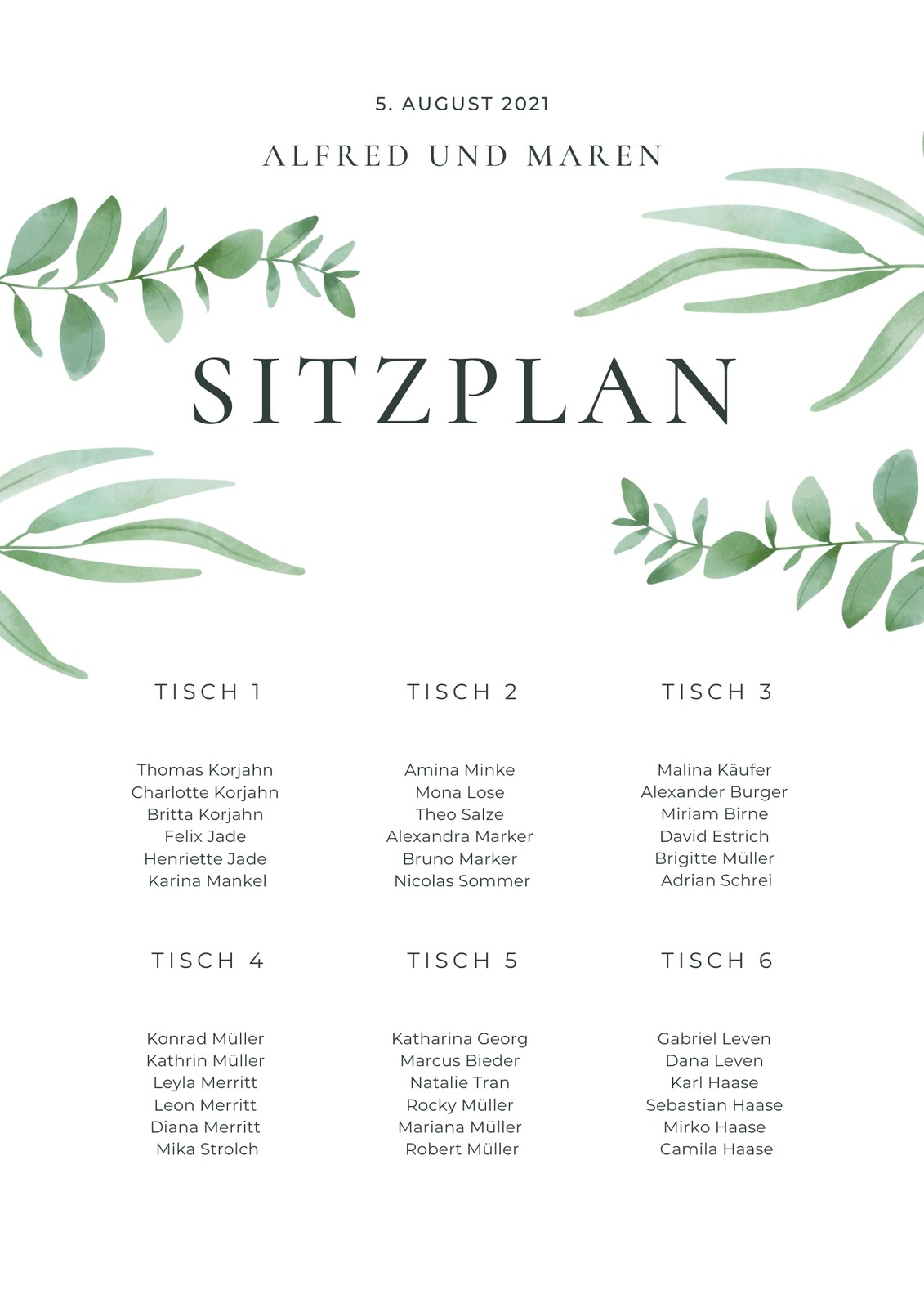 Grün Blätter Rand Rustikal Blumen Hochzeit Sitzplan Grün Blätter Rand Rustikal Blumen Hochzeit Sitzplan