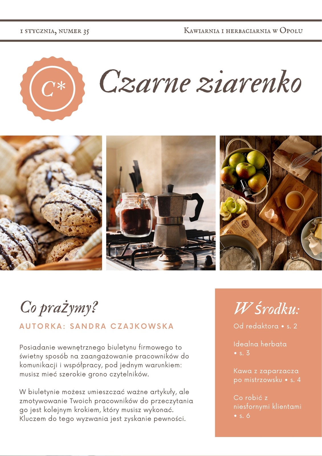 Brzoskwiniowy i Brązowy Kawiarnia Vintage Pracownik Biuletyn