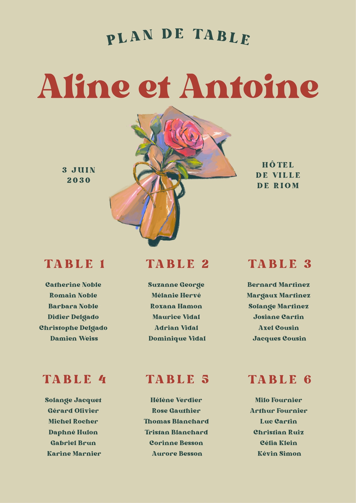 Plan de table de mariage avec rose illustrée style bande-dessinée Plan de table de mariage avec rose illustrée style bande-dessinée