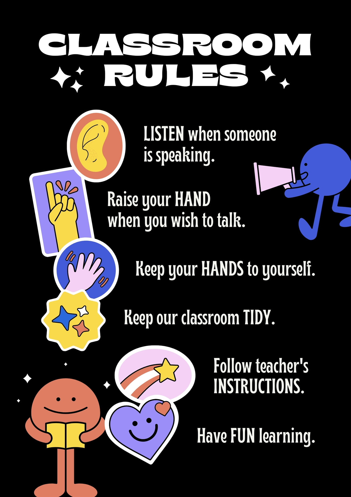 Black Colorful Stickers Straightforward Classroom Rules Education Portrait Poster