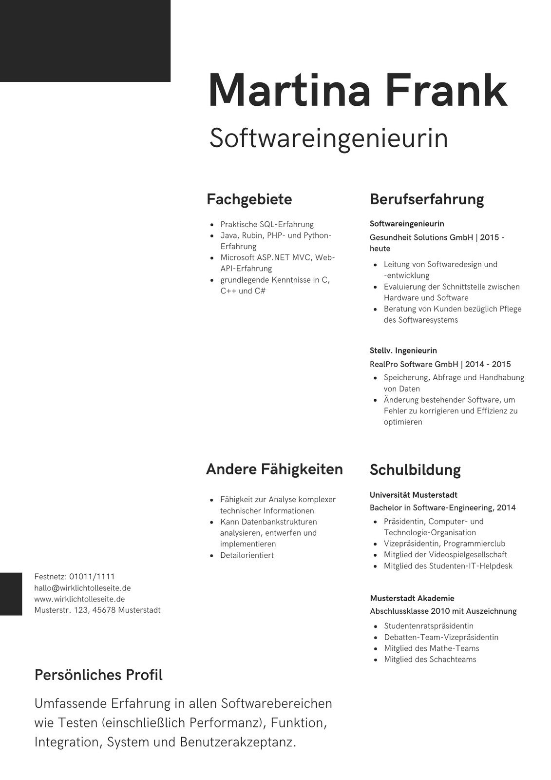 Schwarz-weißer Minimalistischer Lebenslauf in Spalten mit Seitenleiste Bewerbung als SoftwareingenieurIn