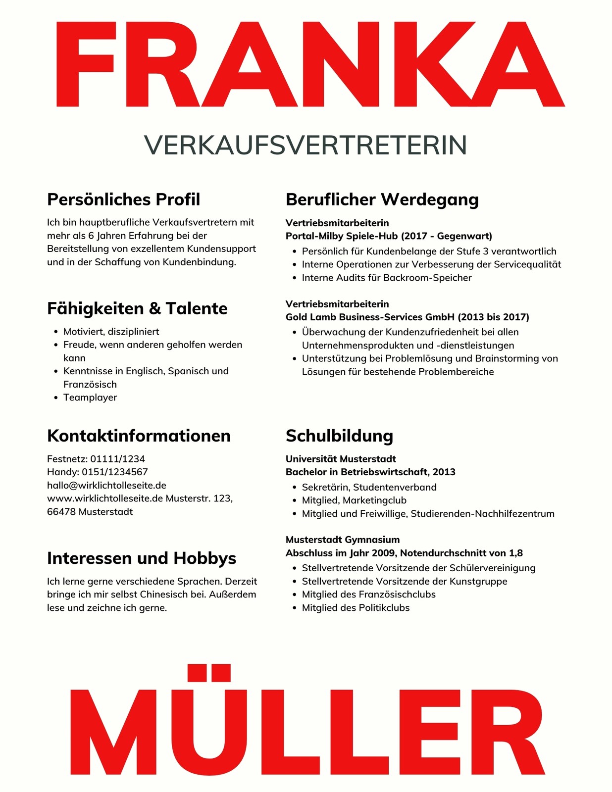 Cremefarben-roter Lebenslauf in Spalten Bewerbung als VerkaufsvertreterIn