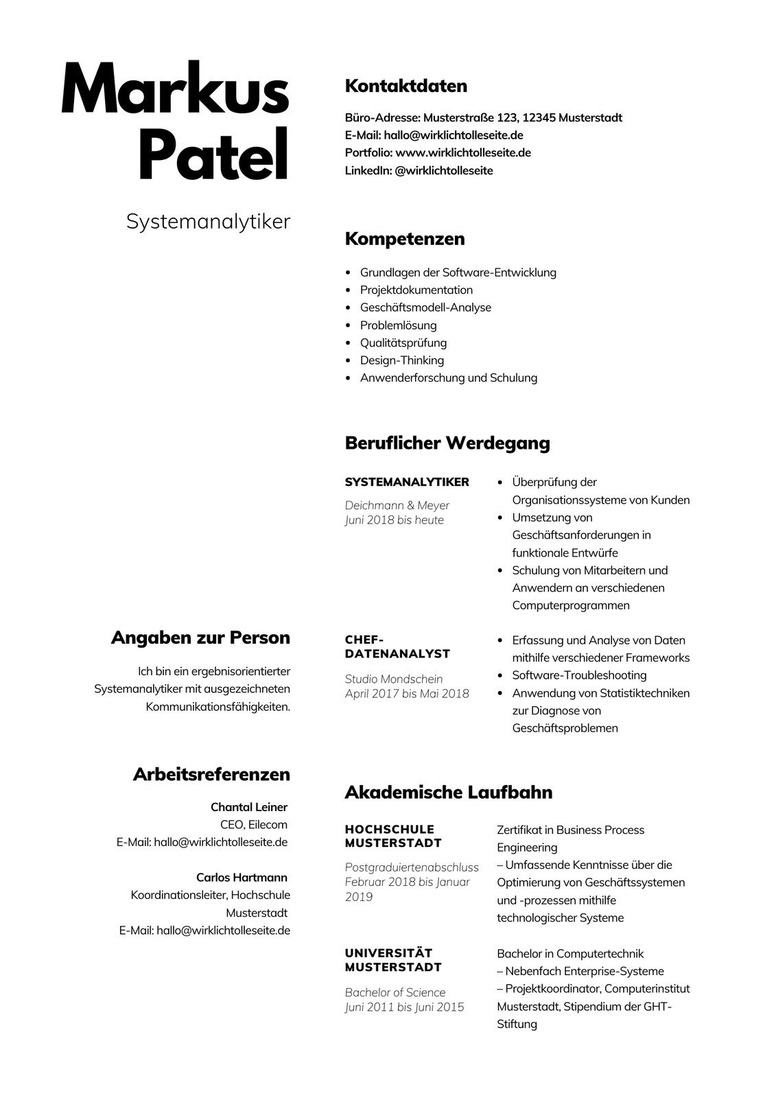 Minimalistischer Lebenslauf mit Seitenleiste Bewerbung als SystemanalytikerIn