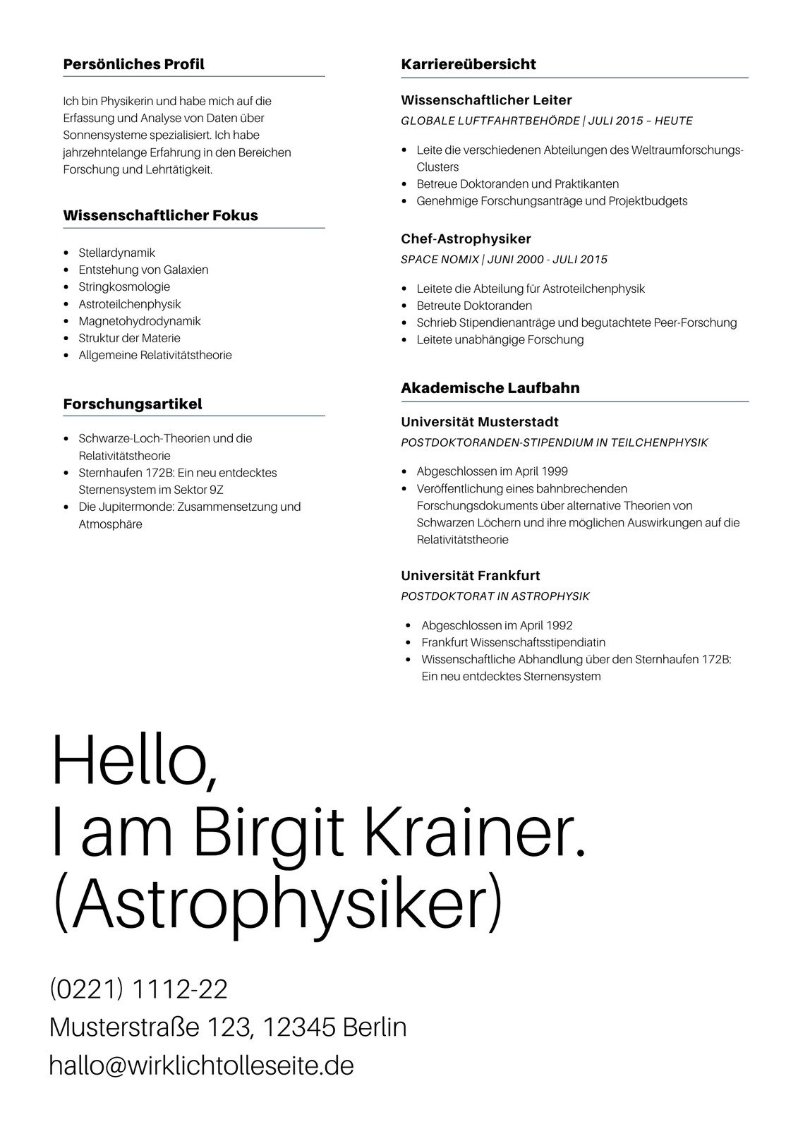 Minimalistischer Lebenslauf in Spalten Bewerbung als AstrophysikerIn