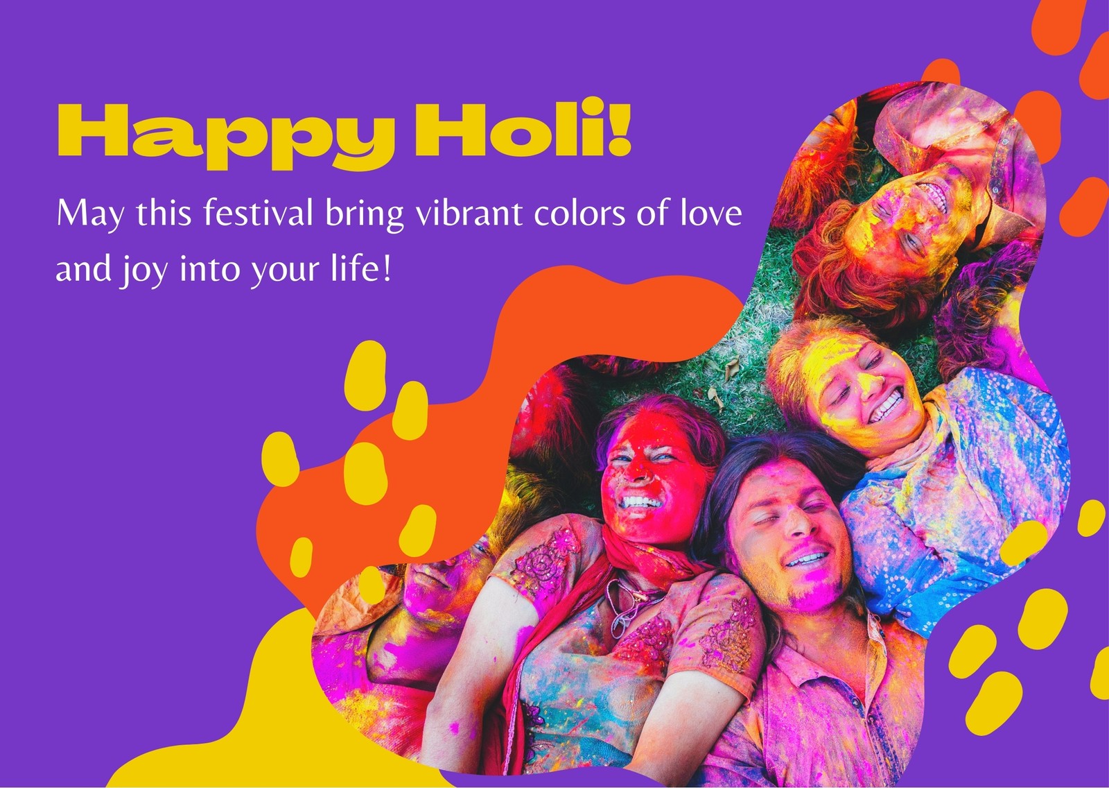 Purple Yellow and Orange Photo Freestyle Art Holi Festival Greeting Card