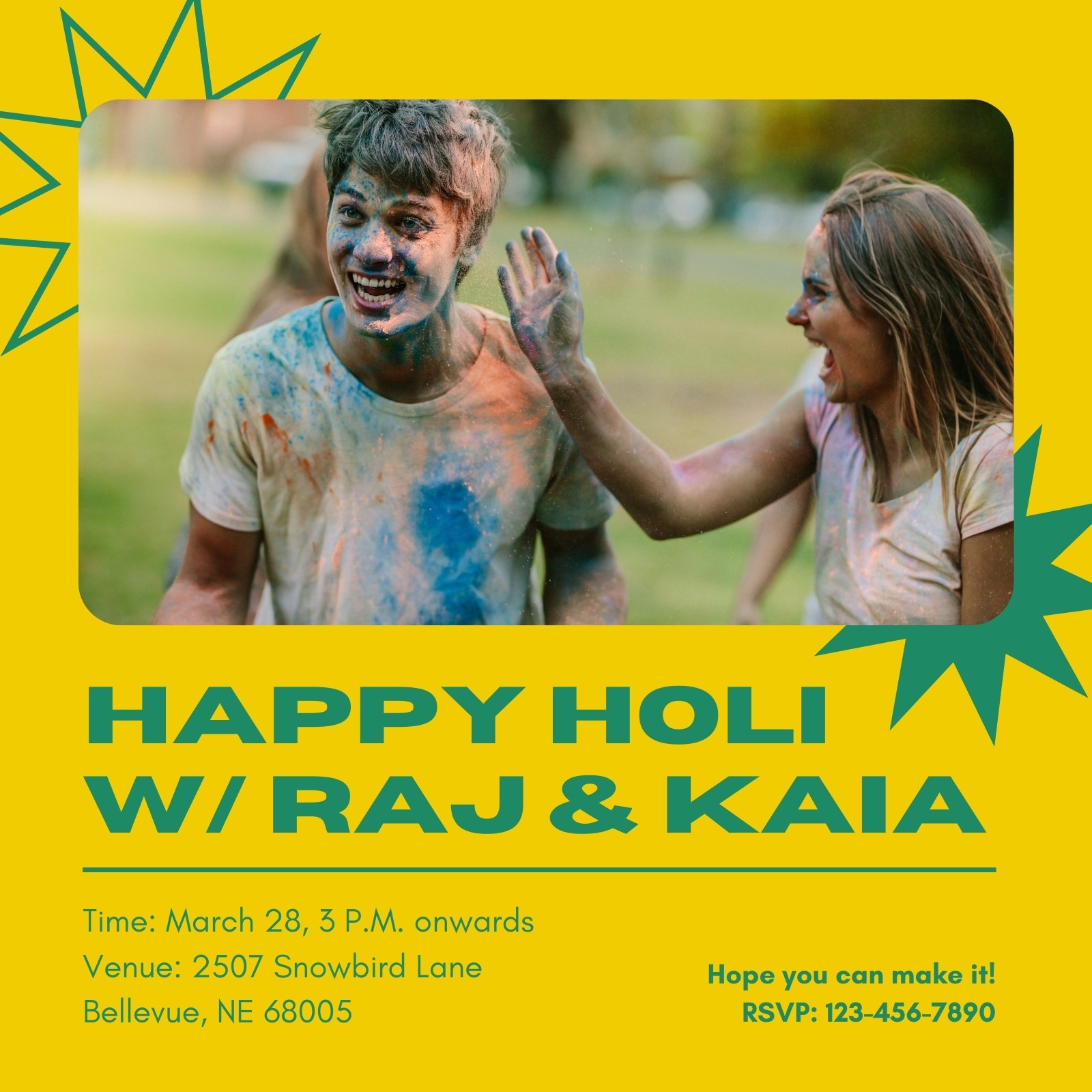 Yellow and Green Couple Maximalist Holi Festival Invitation Yellow and Green Couple Maximalist Holi Festival Invitation