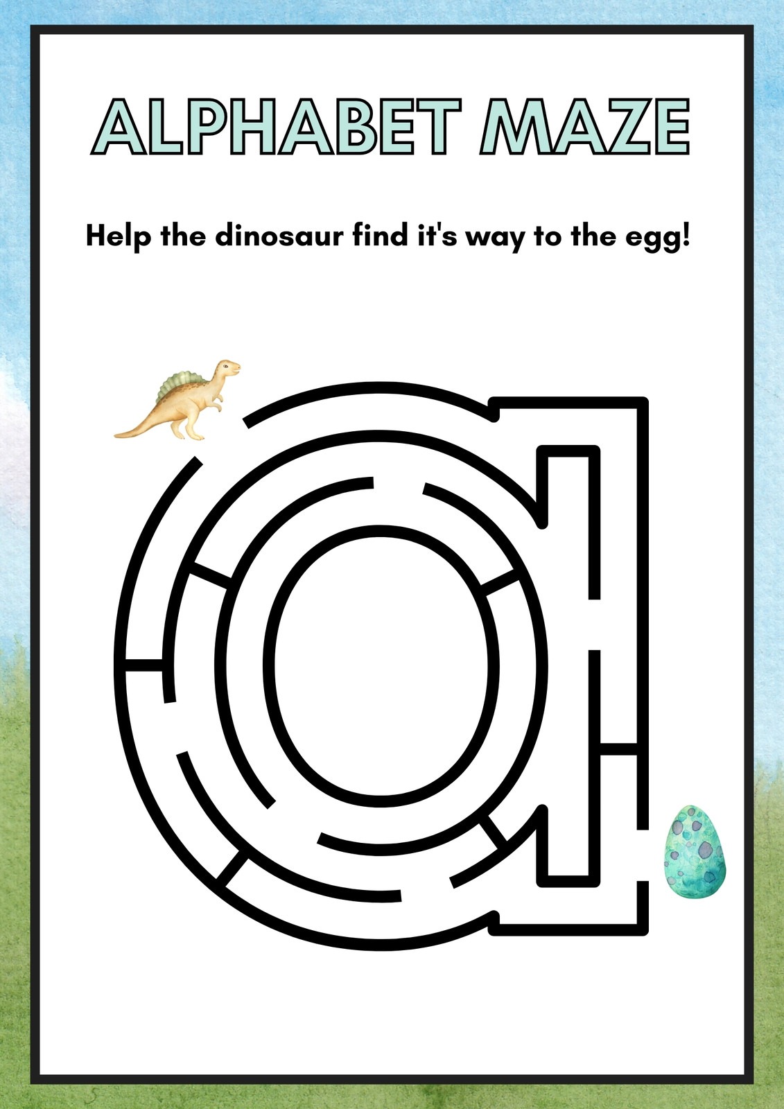 Dinosaurs Lowercase Alphabet Maze Worksheet inn Colorful Watercolor Style