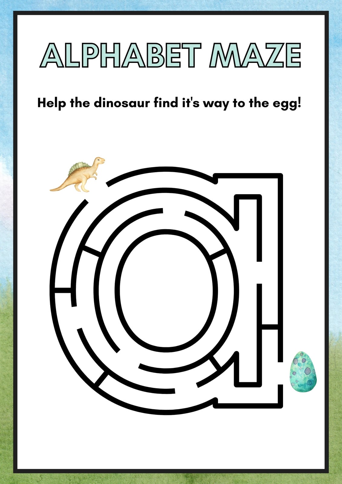 Dinosaurs Lowercase Alphabet Maze Worksheet inn Colorful Watercolor Style