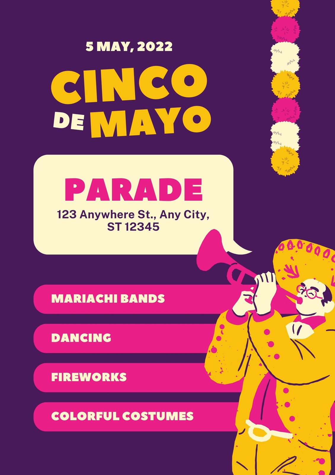 Purple Yellow Illustrated Cinco de Mayo Parade Flyer