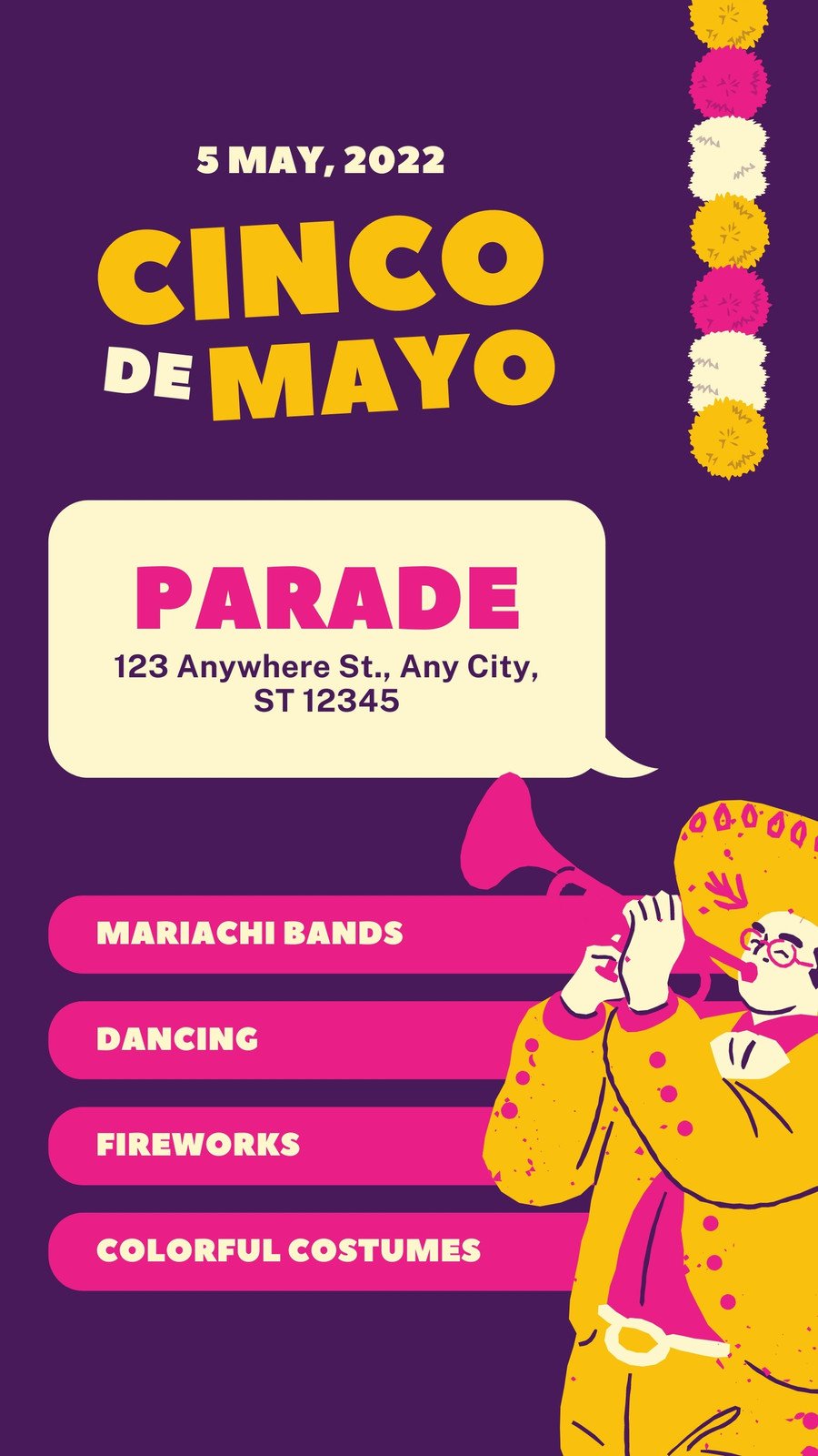 Purple Yellow Illustrated Cinco de Mayo Parade Instagram Story
