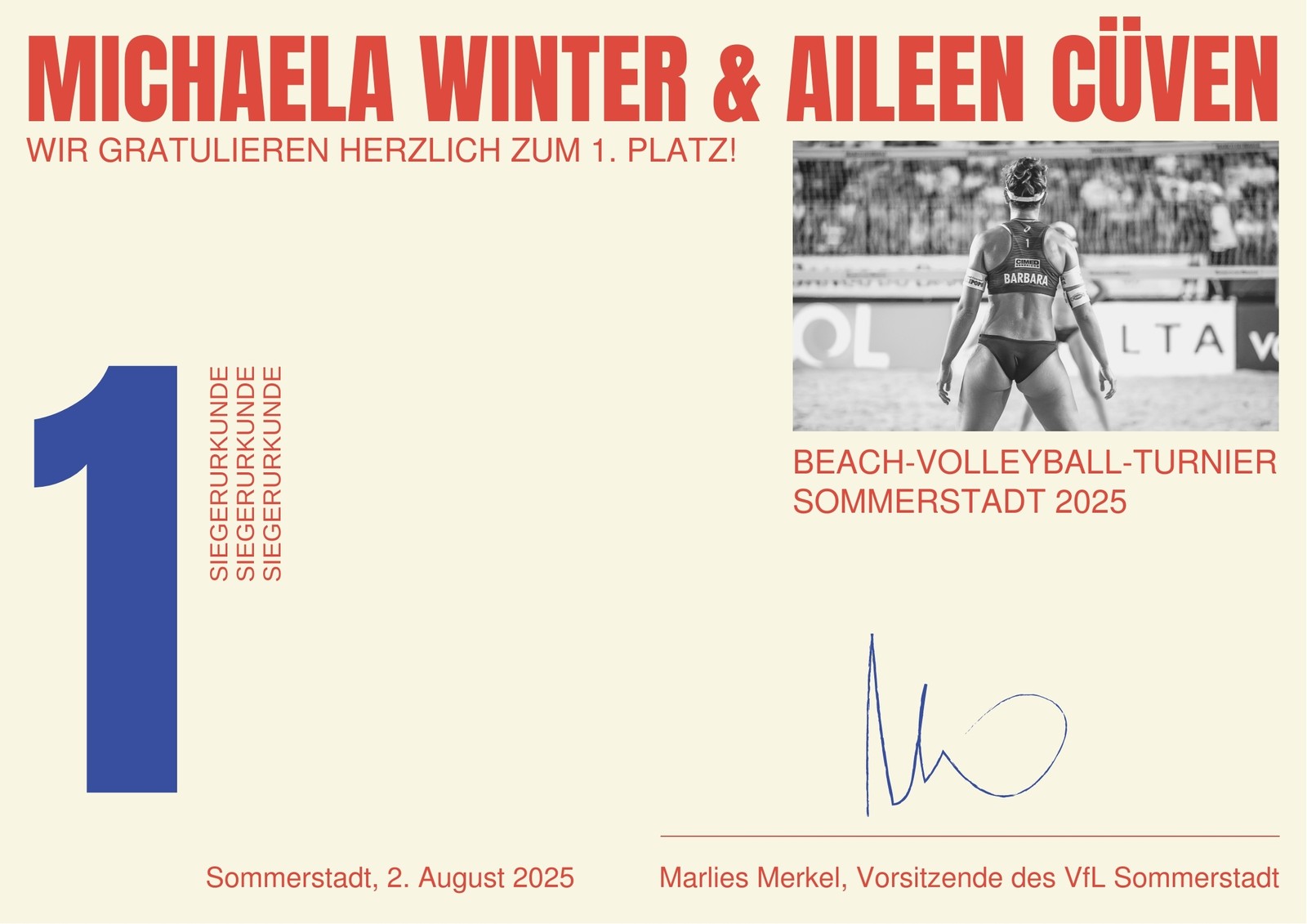 Beige-rote Urkunde Mit Foto Sport Beach-Volleyball Beige-rote Urkunde Mit Foto Sport Beach-Volleyball