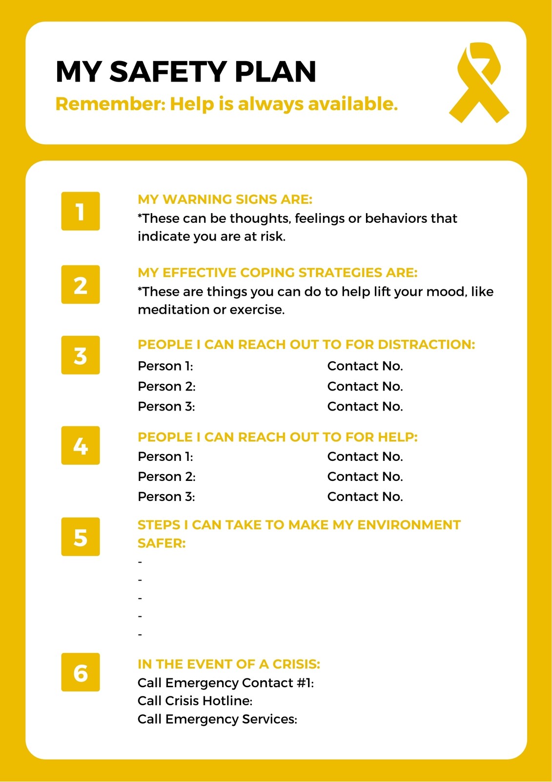 Yellow White Safety Plan Yellow Theme Mental Health Plan Templates A4 Document