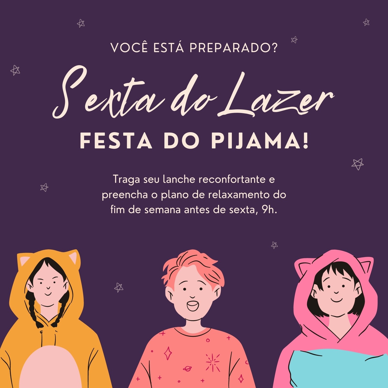 Roxo Pijama Desenhado à Mão Sexta do Lazer Bem-Estar Aprendizagem socioemocional Sala de Aula Comunicado