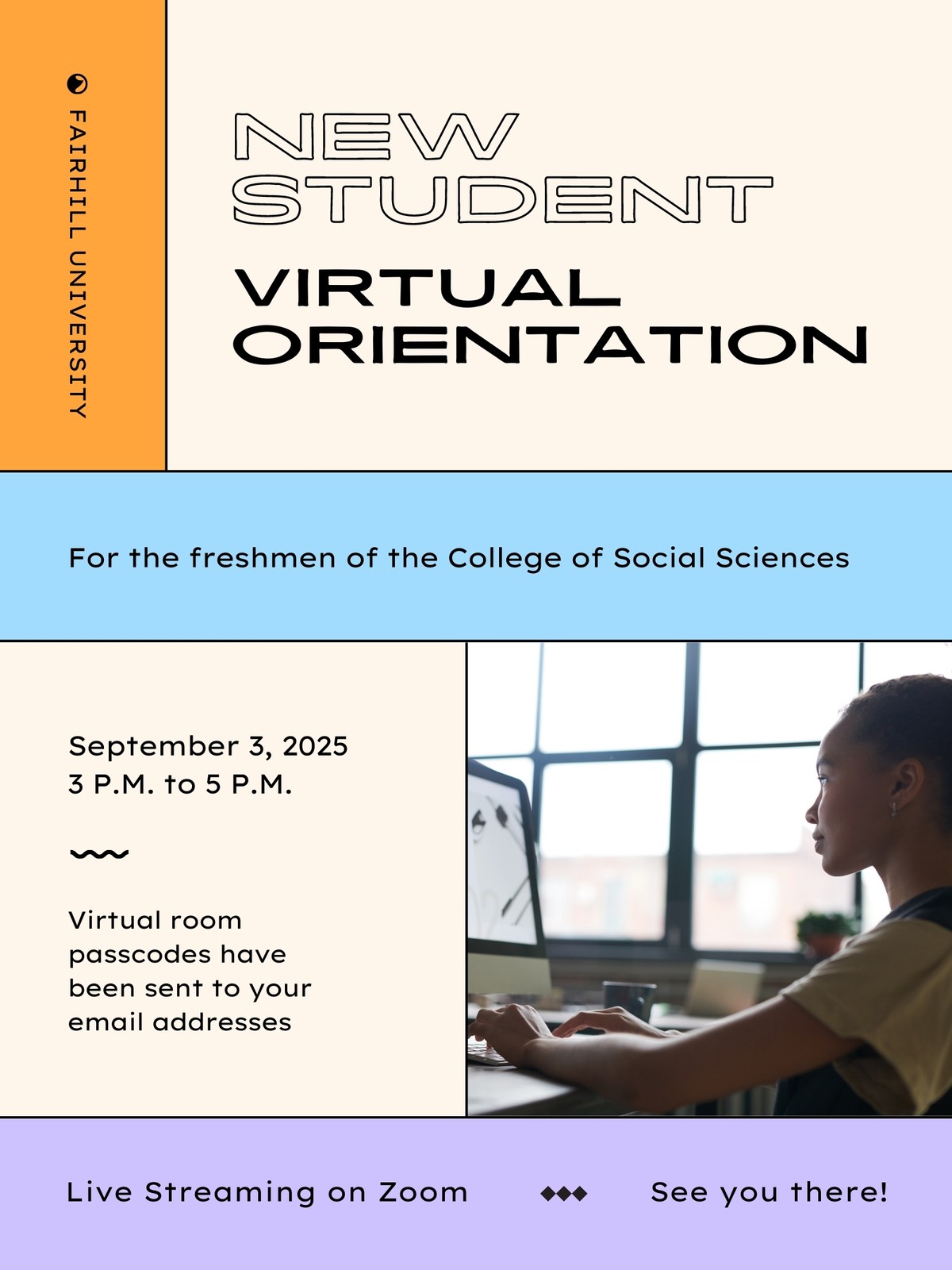 Orange Blue and Purple Colour Pop Welcome Messages and Announcements University Back to School Poster Orange Blue and Purple Colour Pop Welcome Messages and Announcements University Back to School Poster