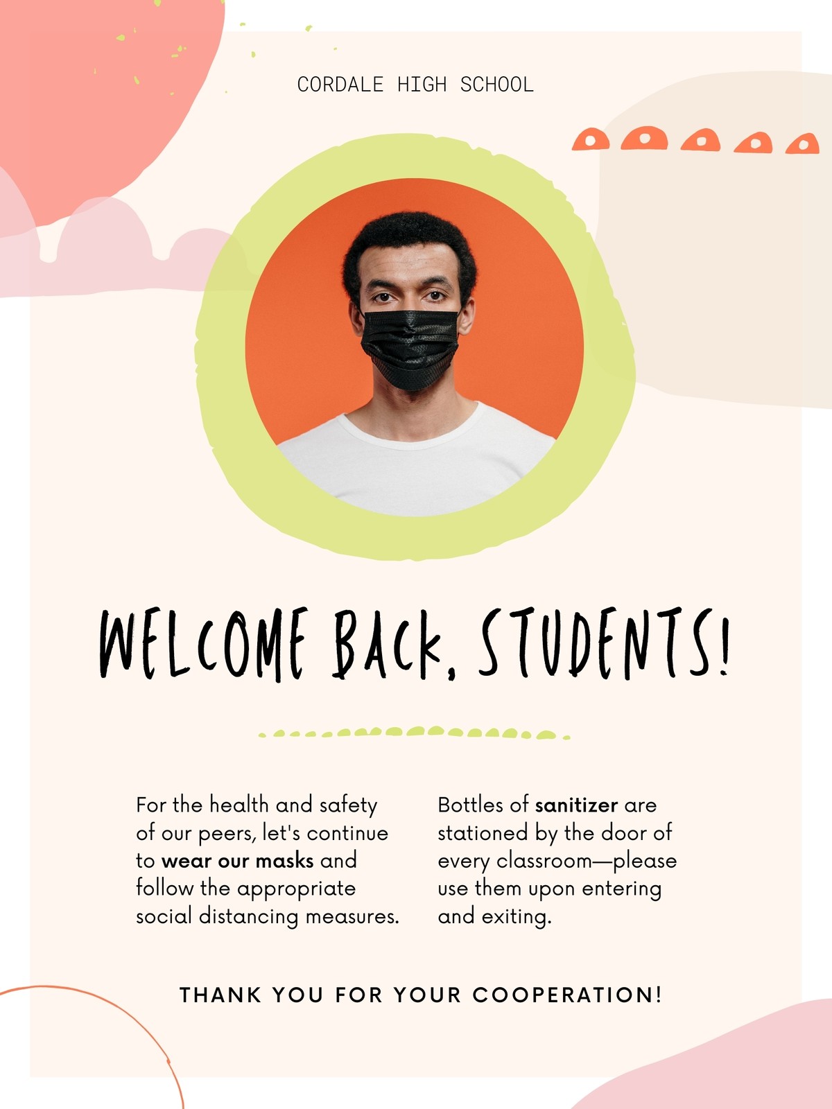 Pink Orange and Green Organic and Handcrafted Classroom Health and Safety High School Back to School Poster