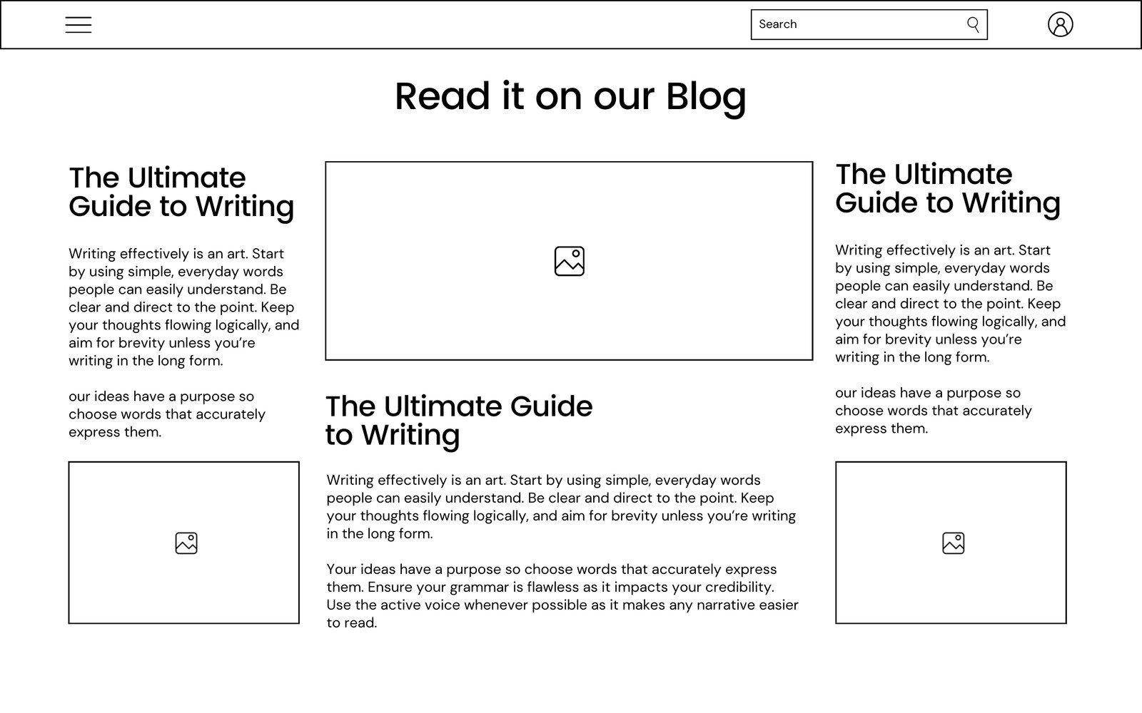 Simple Lined White Blog Landing Page Wireframe Website UI Prototype