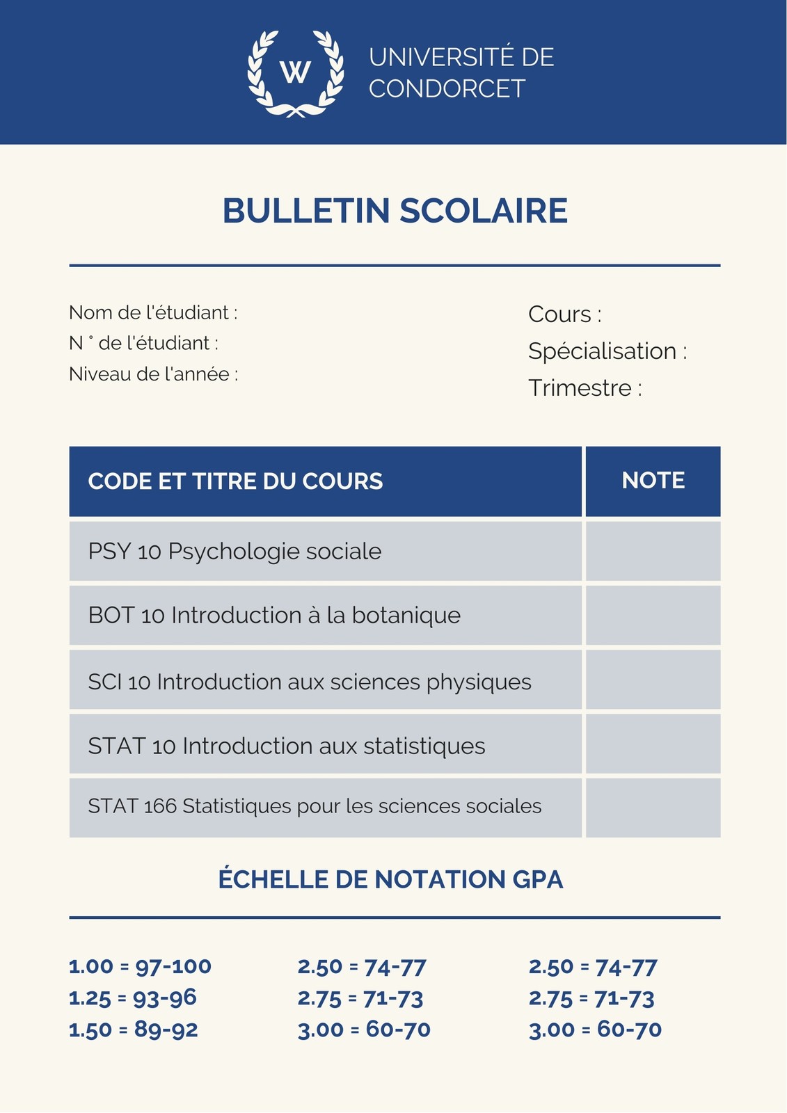 Bleu Université Relevé de notes Bleu Université Relevé de notes