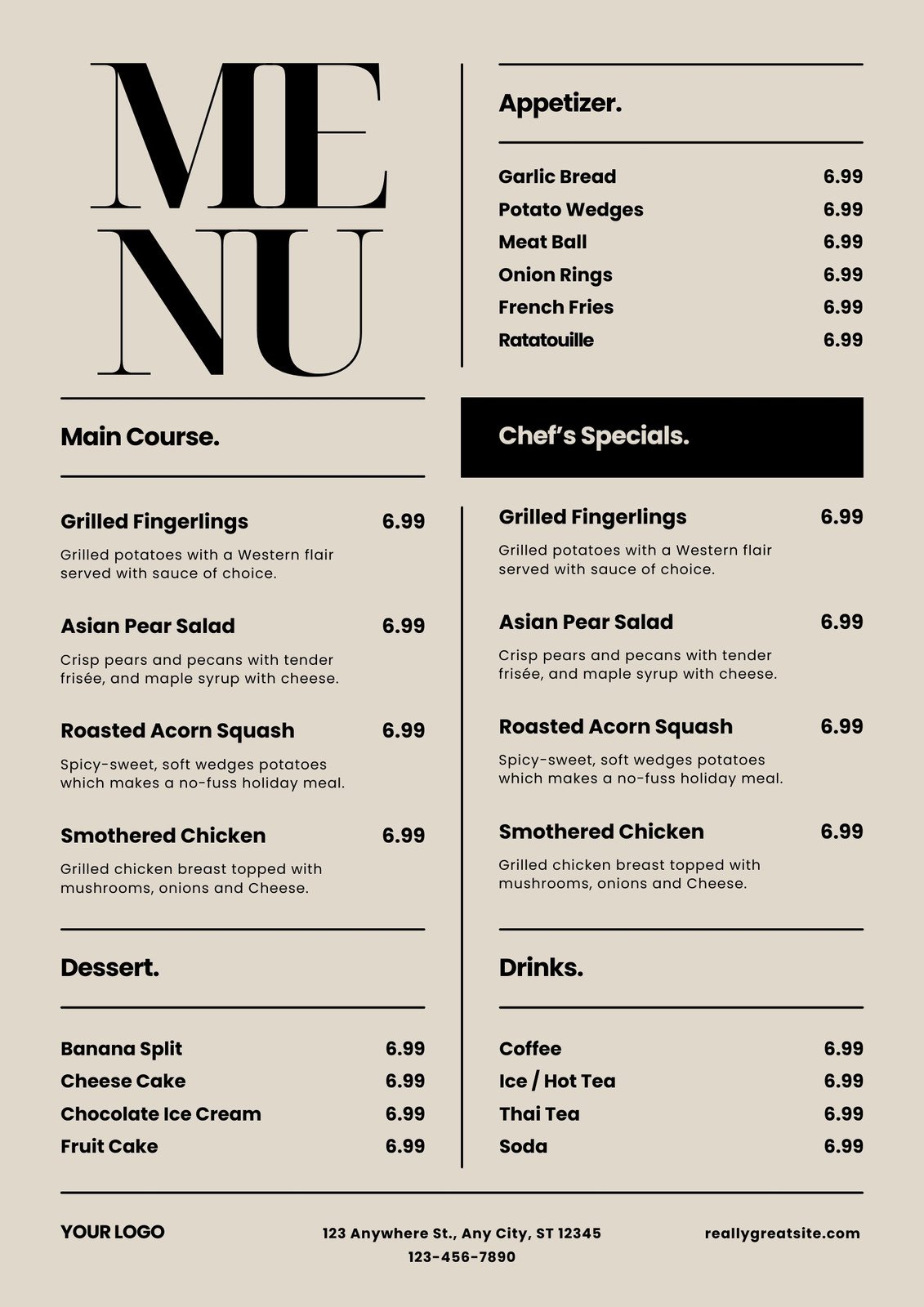 Black and Beige Classic Refined Simple Food Menu