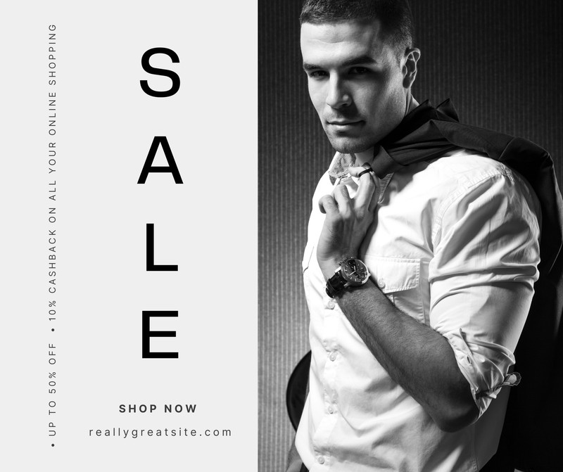 Men's Fashion Sale Facebook Post Canva template, black and white