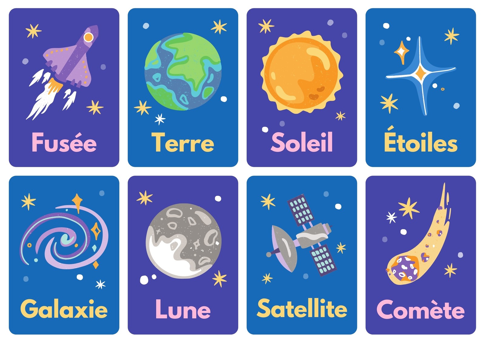 Choses dans l'espace Bleu Carte mémoire Fiches