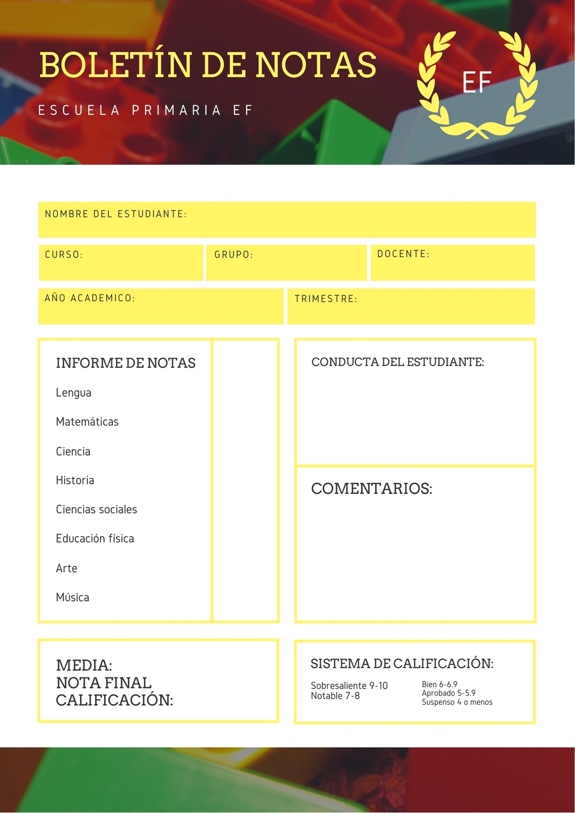 Tarjeta Boletín de Notas Amarillo Foto Escuela Primaria Tarjeta Boletín de Notas Amarillo Foto Escuela Primaria