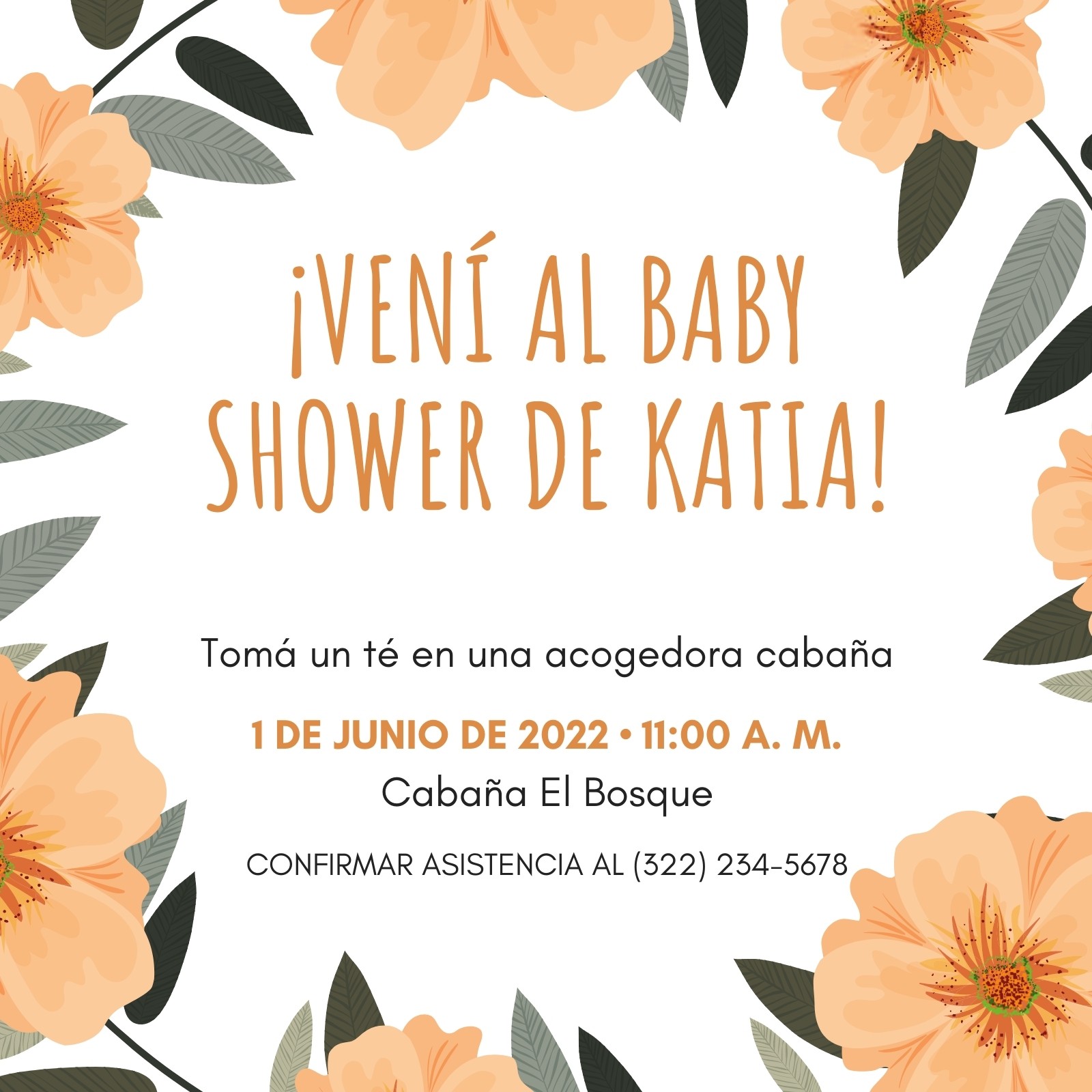 Naranja y Crema Ilustración Flores Baby Shower Invitación Naranja y Crema Ilustración Flores Baby Shower Invitación