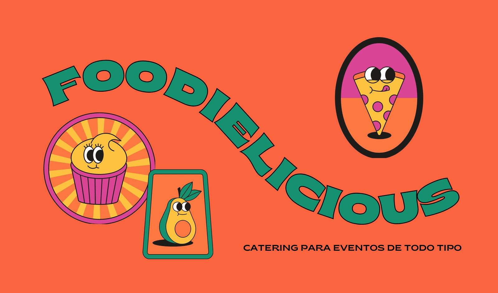Business card playful de un catering para eventos de todo tipo, color naranja fuerte y amarillo con pizza, palta, y cupcake ilustrados