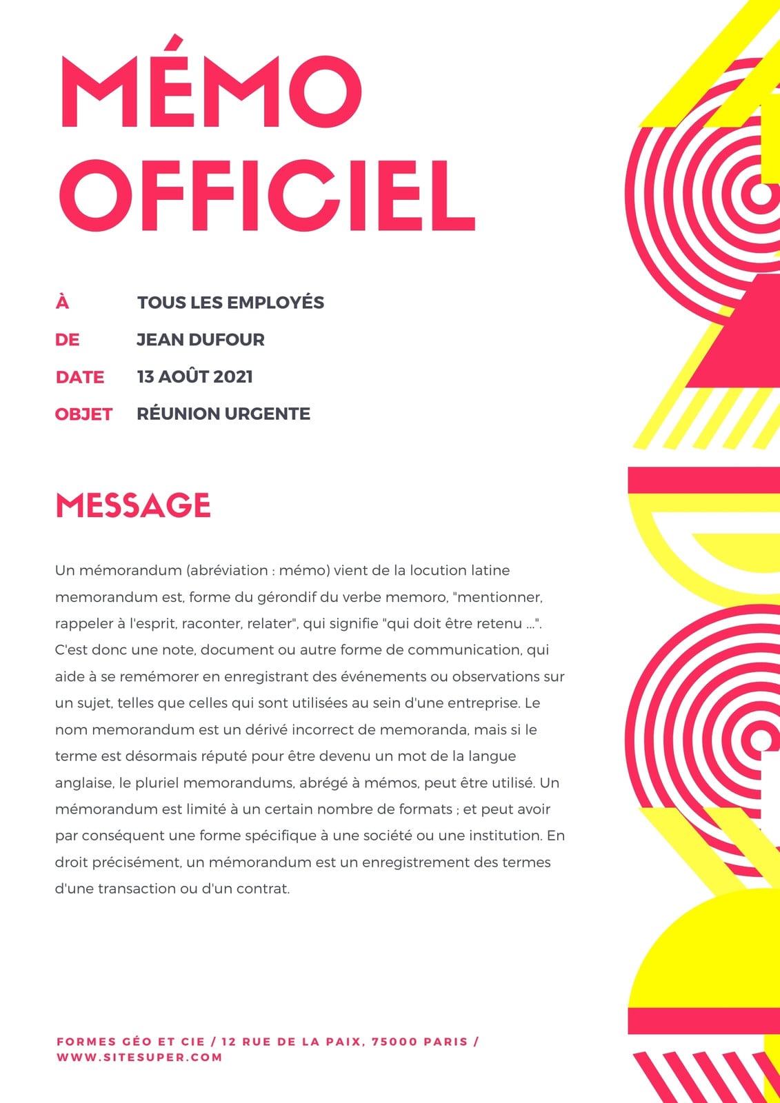 Jaune et Rose Géométrique Général Mémo