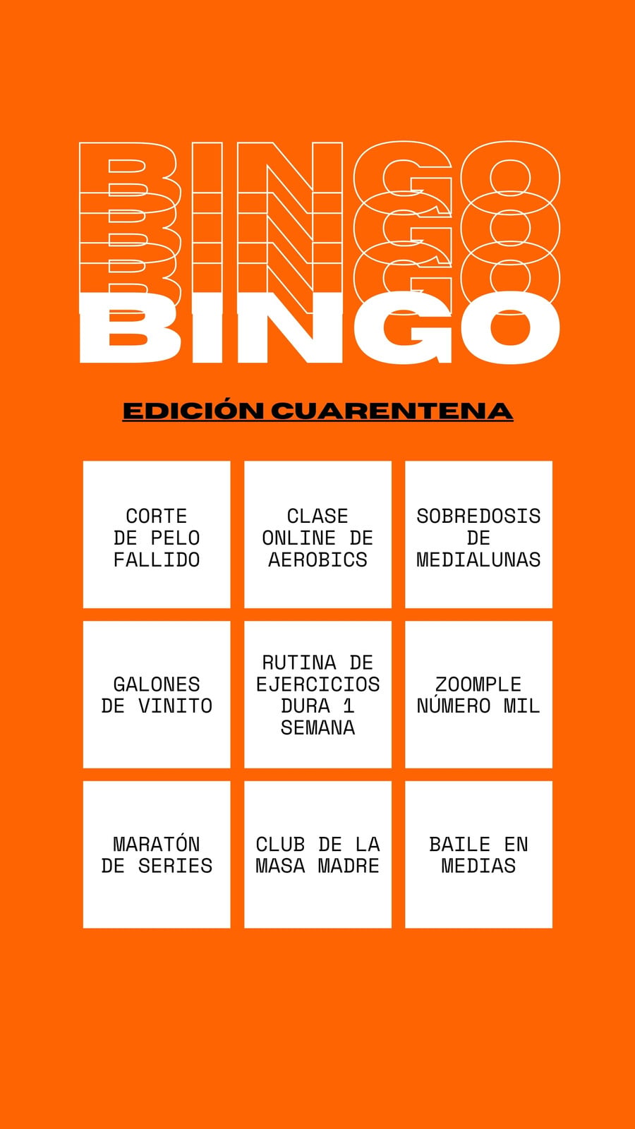 Your story bold bingo de cuarentena, texto blanco y negro con cuadros blancos sobre fondo naranja brillante Your story bold bingo de cuarentena, texto blanco y negro con cuadros blancos sobre fondo naranja brillante