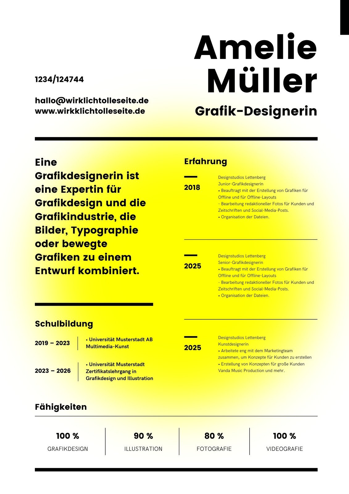 Schwarz und Gelb Grafik Designer Kreativer Lebenslauf