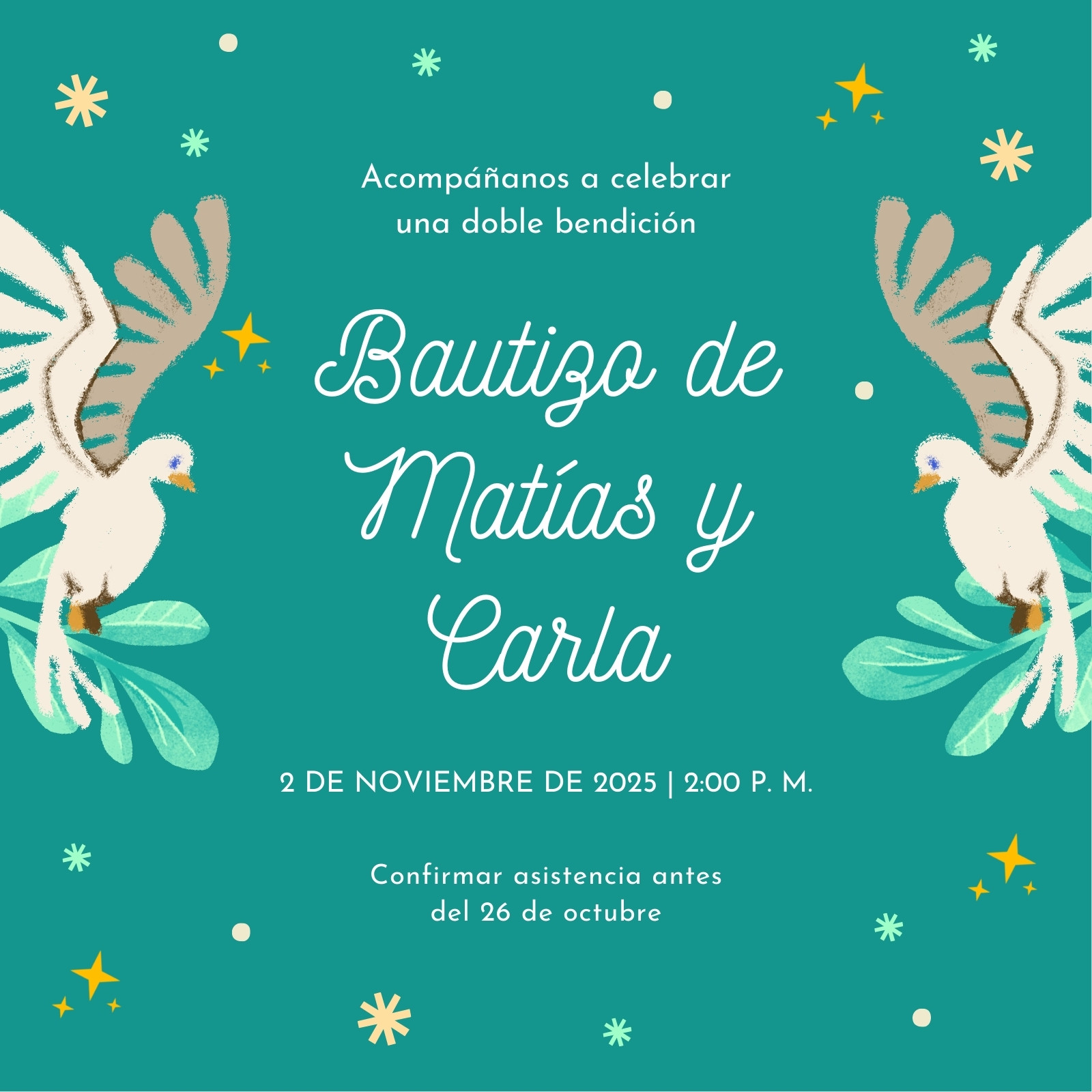 Verde Palomas Tipo Infantil Bautizo Invitación Cuadrada Animada Verde Palomas Tipo Infantil Bautizo Invitación Cuadrada Animada