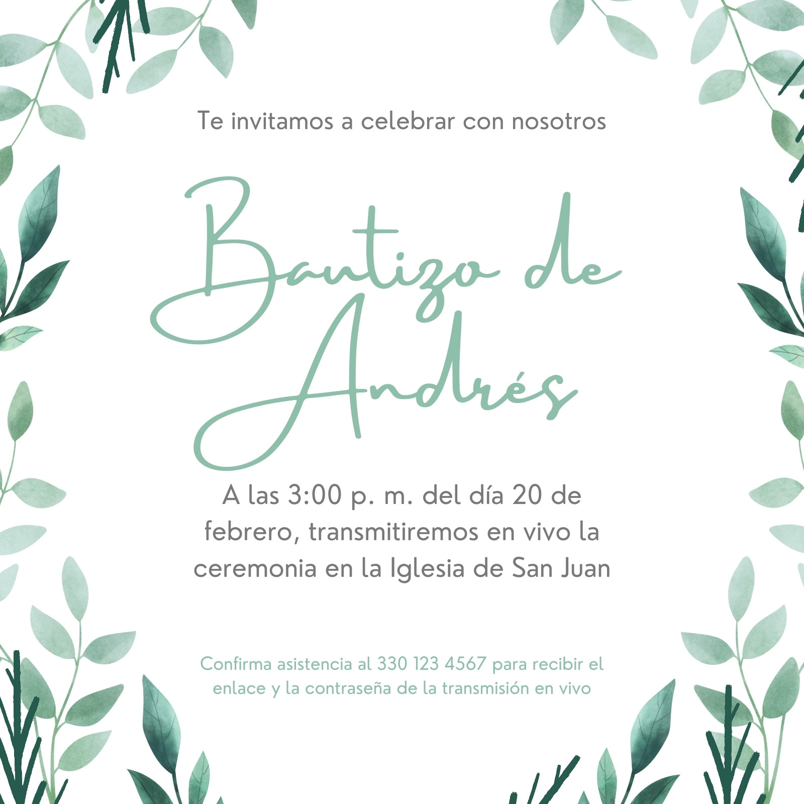 Verde Hojas Acuarela Bautizo Invitación Cuadrada Animada Verde Hojas Acuarela Bautizo Invitación Cuadrada Animada