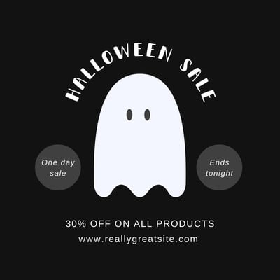Cute Ghost Halloween Sale Instagram Post Canva template, black and white