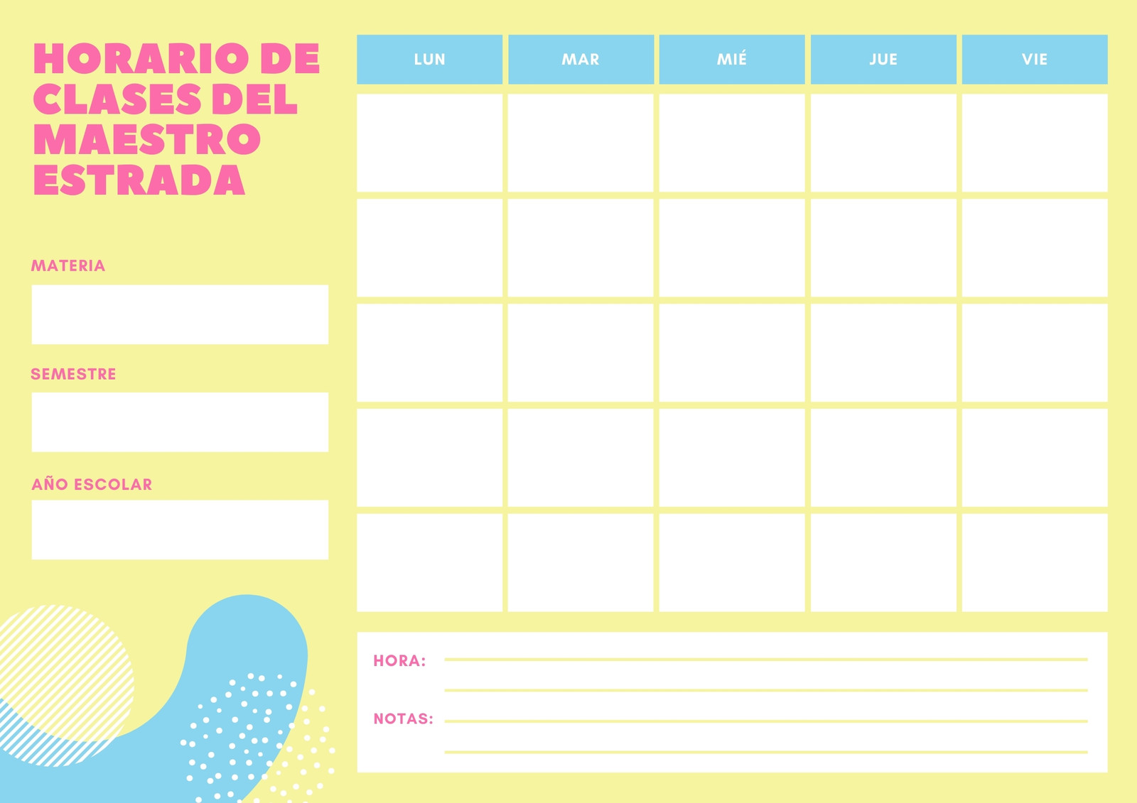 Amarillo Rosa y Azul Formas Horario de Clase