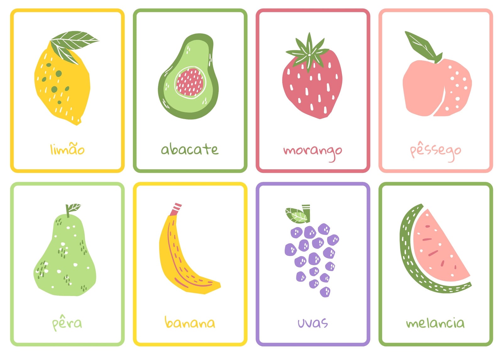 Frutas Colorido Desenhado à Mão Folhas de Flashcards Frutas Colorido Desenhado à Mão Folhas de Flashcards