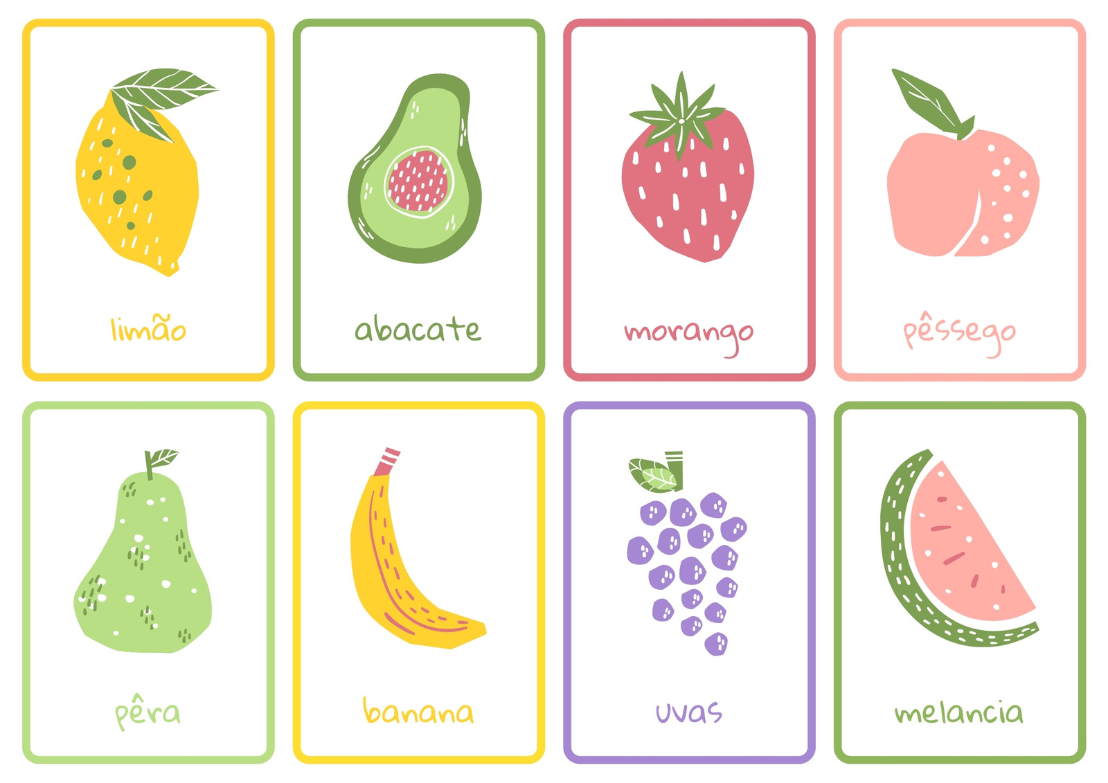 Frutas Colorido Desenhado à Mão Folhas de Flashcards Frutas Colorido Desenhado à Mão Folhas de Flashcards