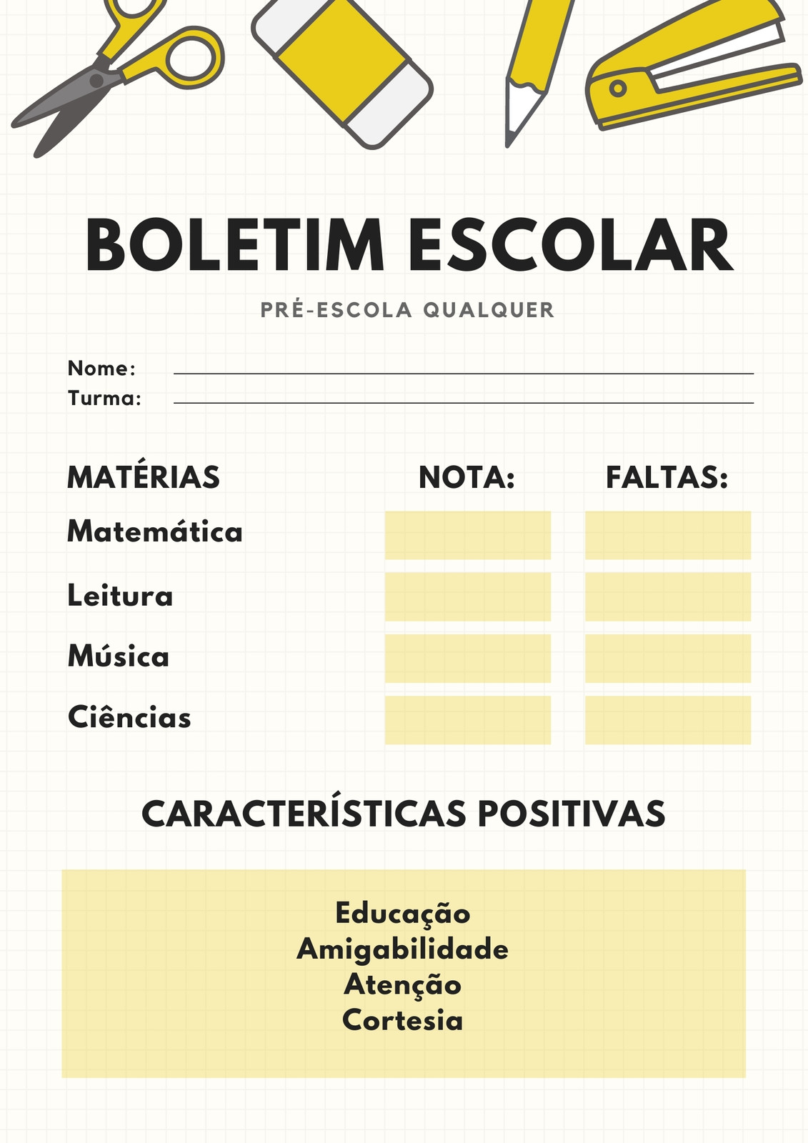 Amarelo e Branco Lápis e Tabelas Pré-escola Boletim Escolar Amarelo e Branco Lápis e Tabelas Pré-escola Boletim Escolar