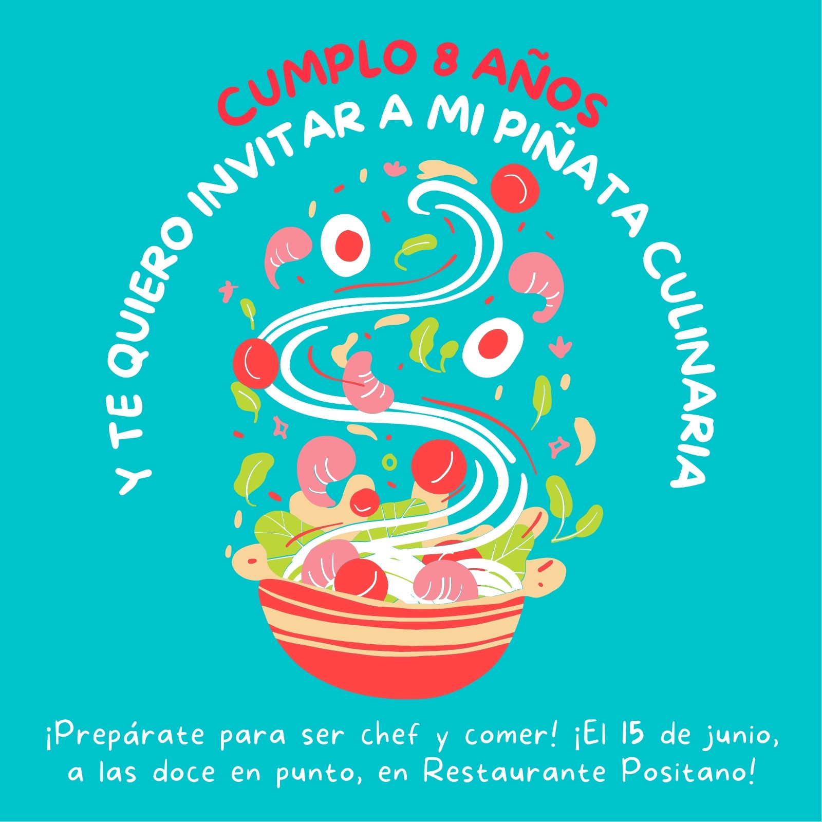 Invitación de cumpleaños ilustrativa, ilustración de plato de comida, azul brillante y multicolor Invitación de cumpleaños ilustrativa, ilustración de plato de comida, azul brillante y multicolor